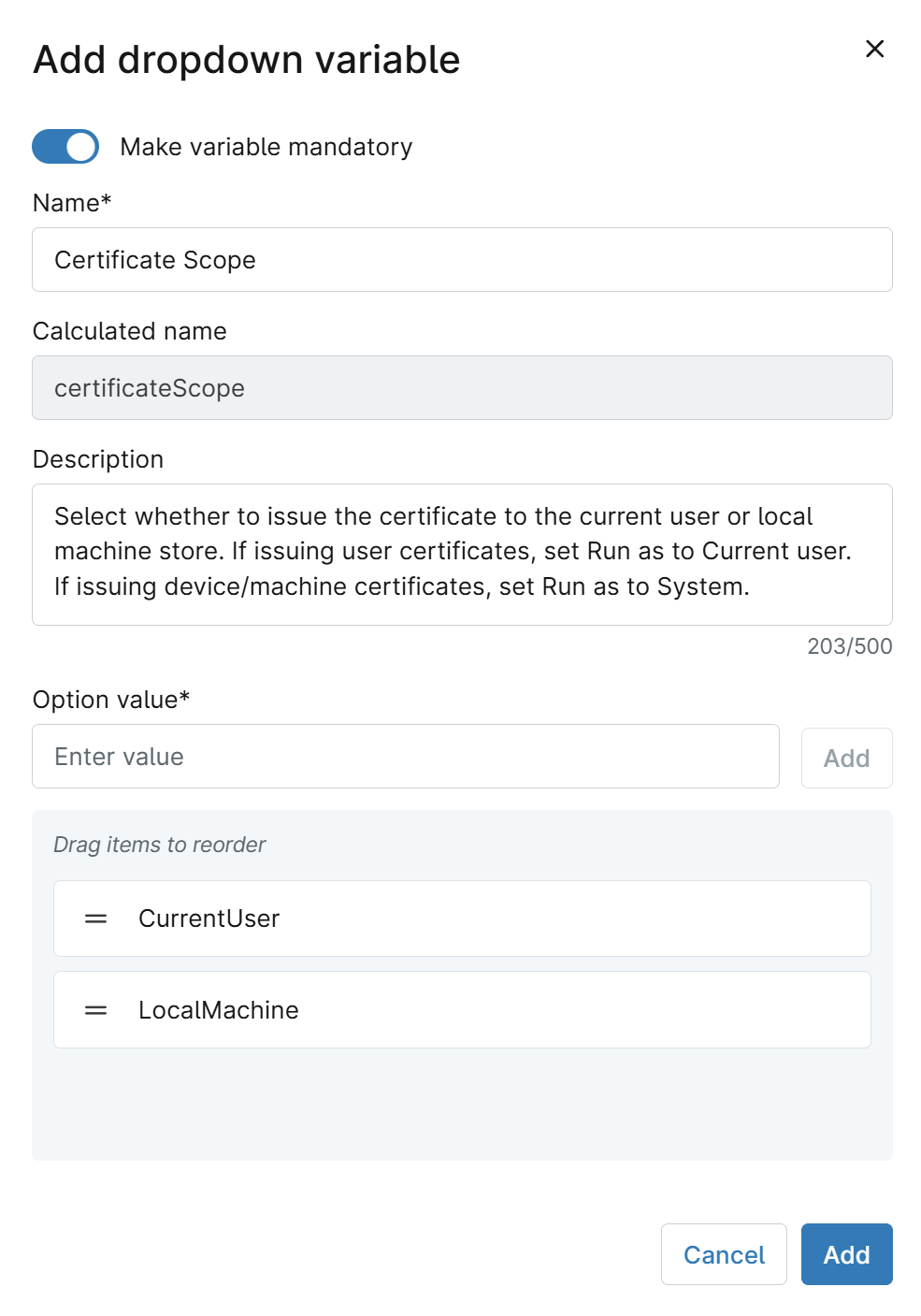 NinjaOne Script Variable for Certificate Scope