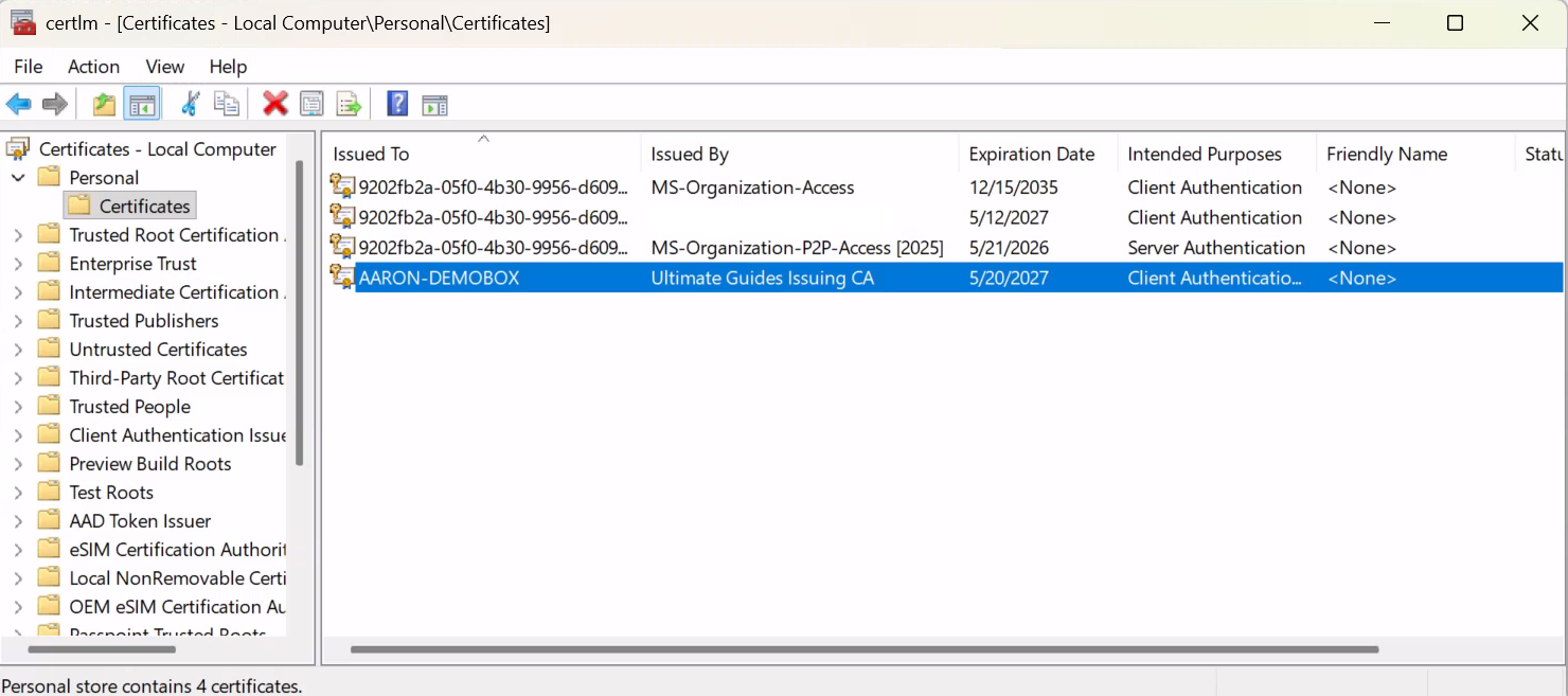 Certificates MMC Snap-in Showing Issued SCEP Certificate