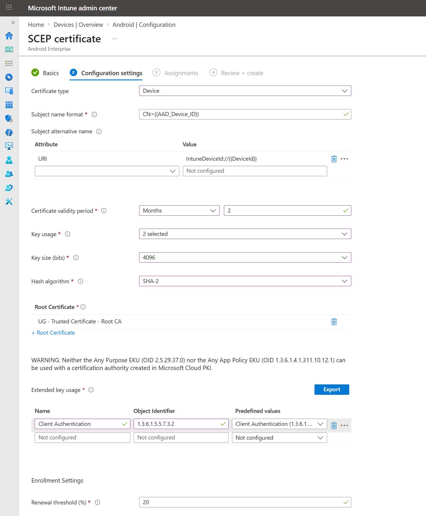 Android SCEP device certificate profile example