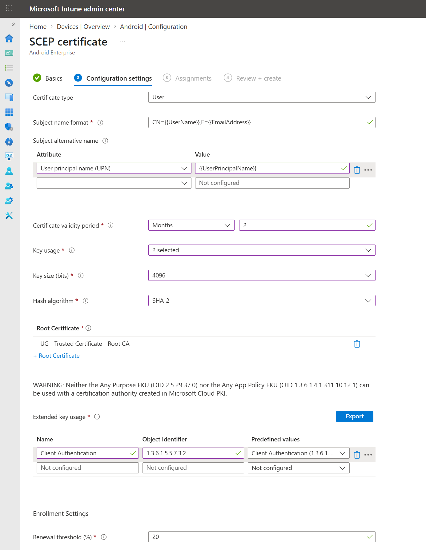 Android SCEP user certificate profile example