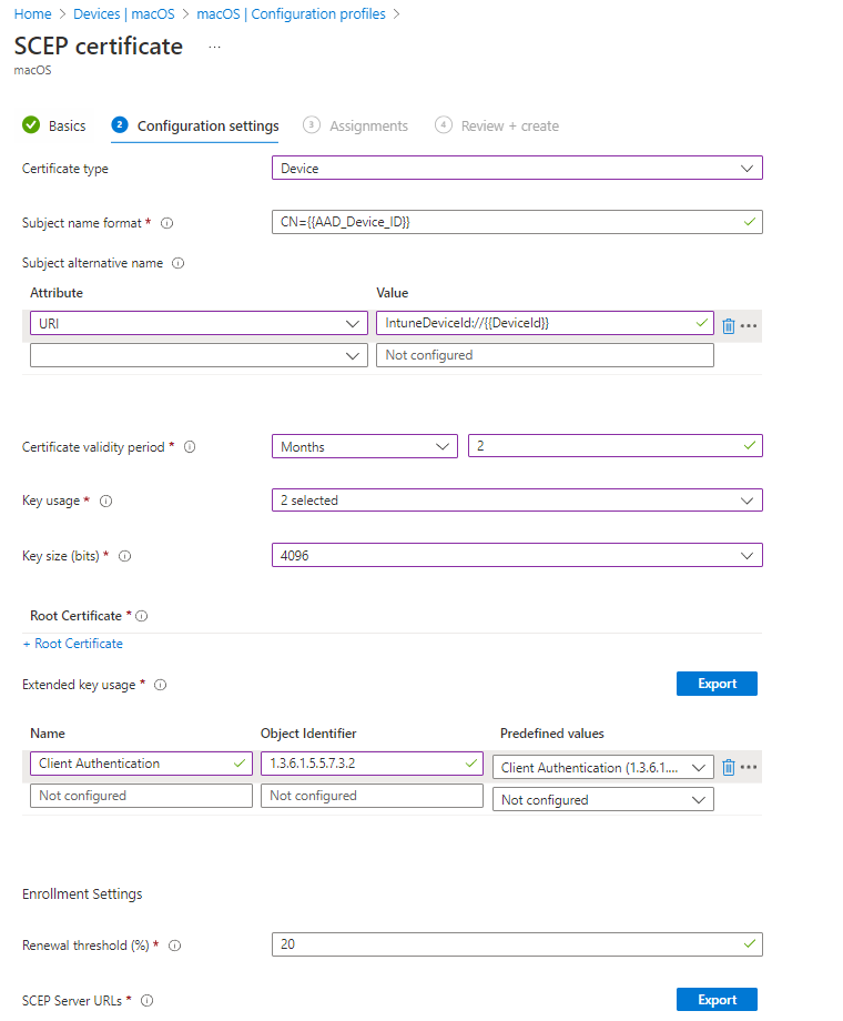 Create macOS SCEP Device Certificate Profile in Intune