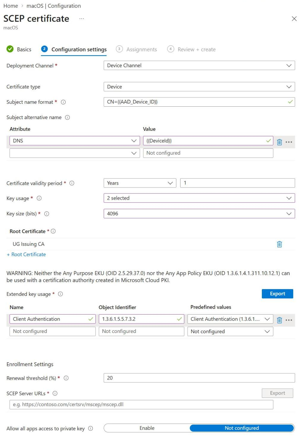 Intune macOS SCEP device certificate profile settings for EZCA with the Intune Device ID in a DNS SAN, digital signature and key encipherment key usage, a 4096-bit key, the issuing CA as root certificate, and the Client Authentication EKU