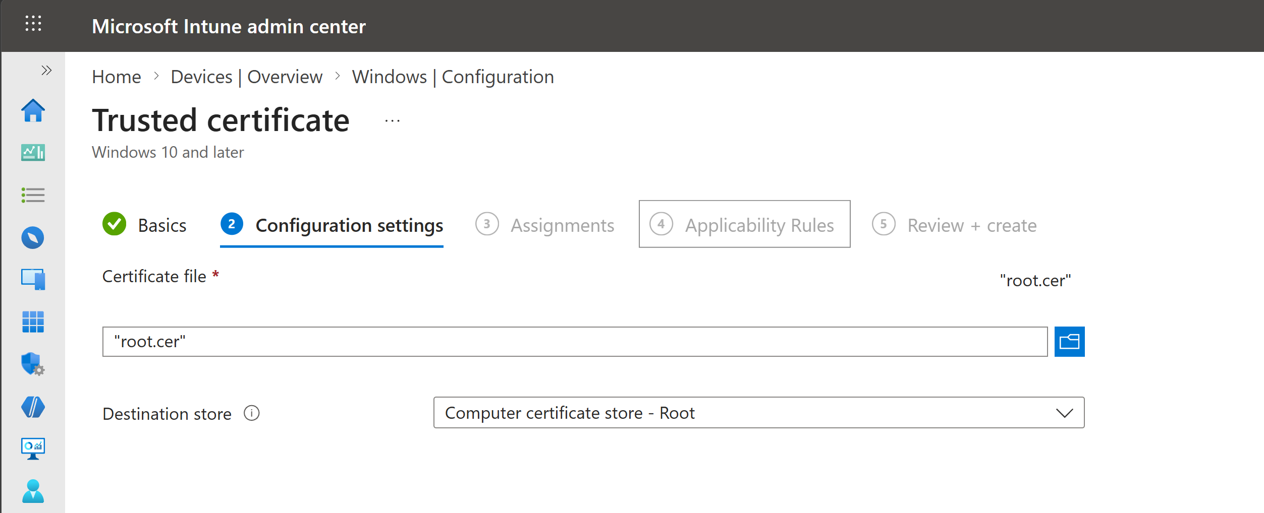 Intune Create Windows Trusted Certificate Profile - Settings