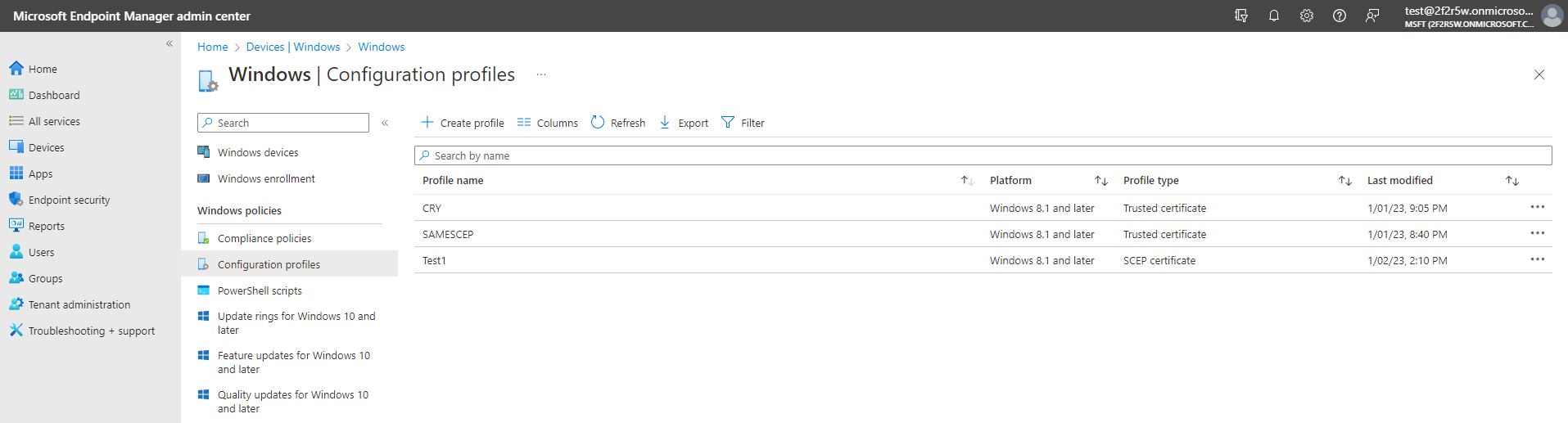 Intune Windows Configuration Profiles Menu