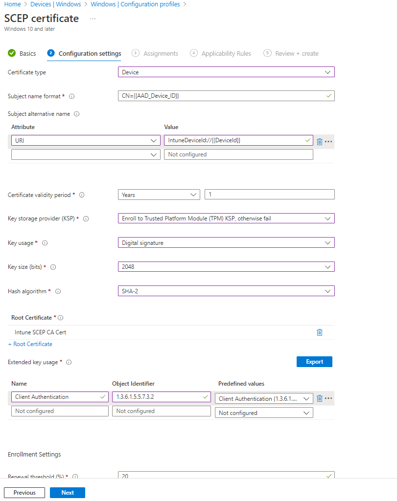 Intune Create Windows SCEP Device Certificate Profile - Settings