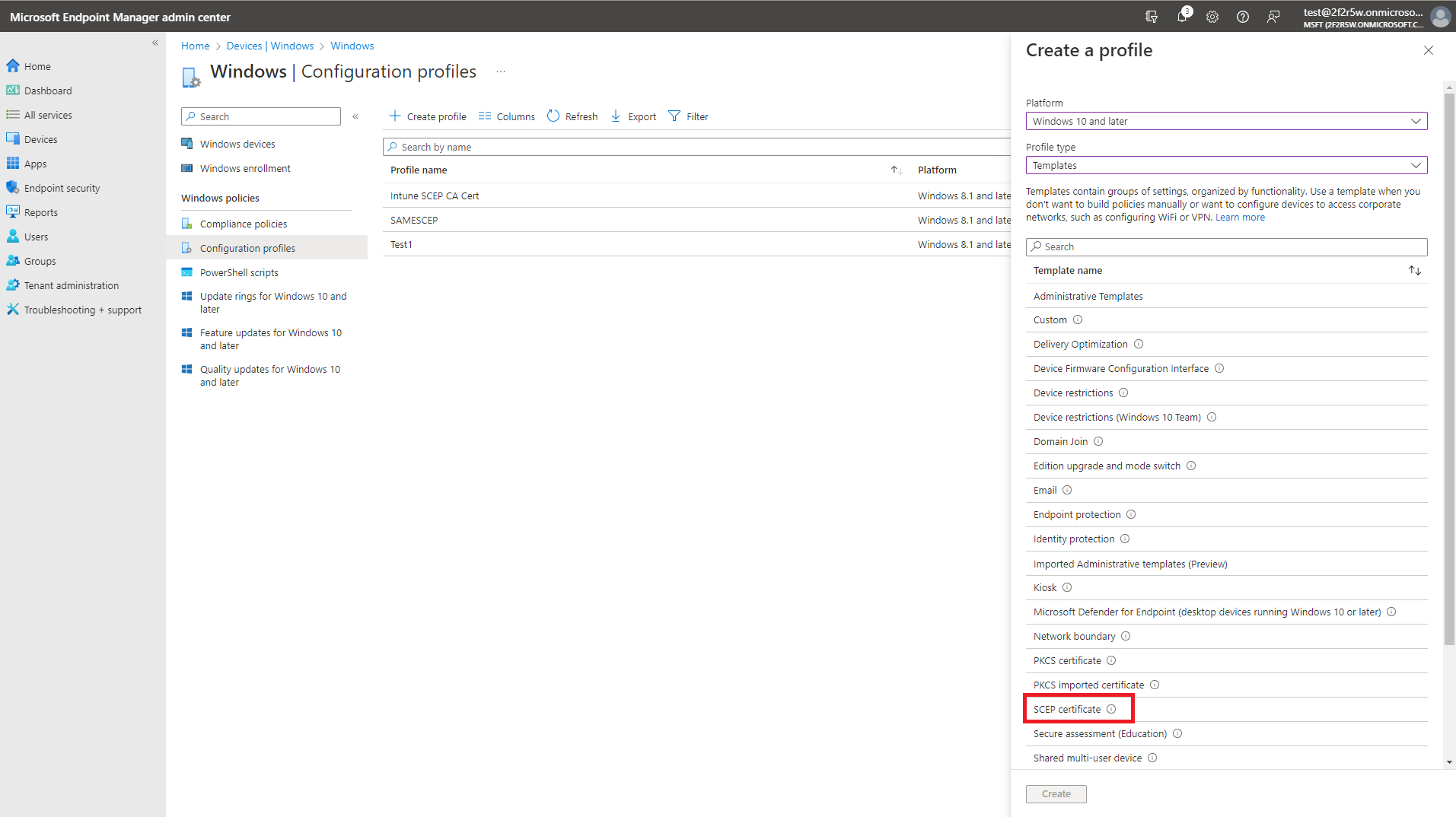 Intune Create Windows SCEP Certificate Profile - Select Template