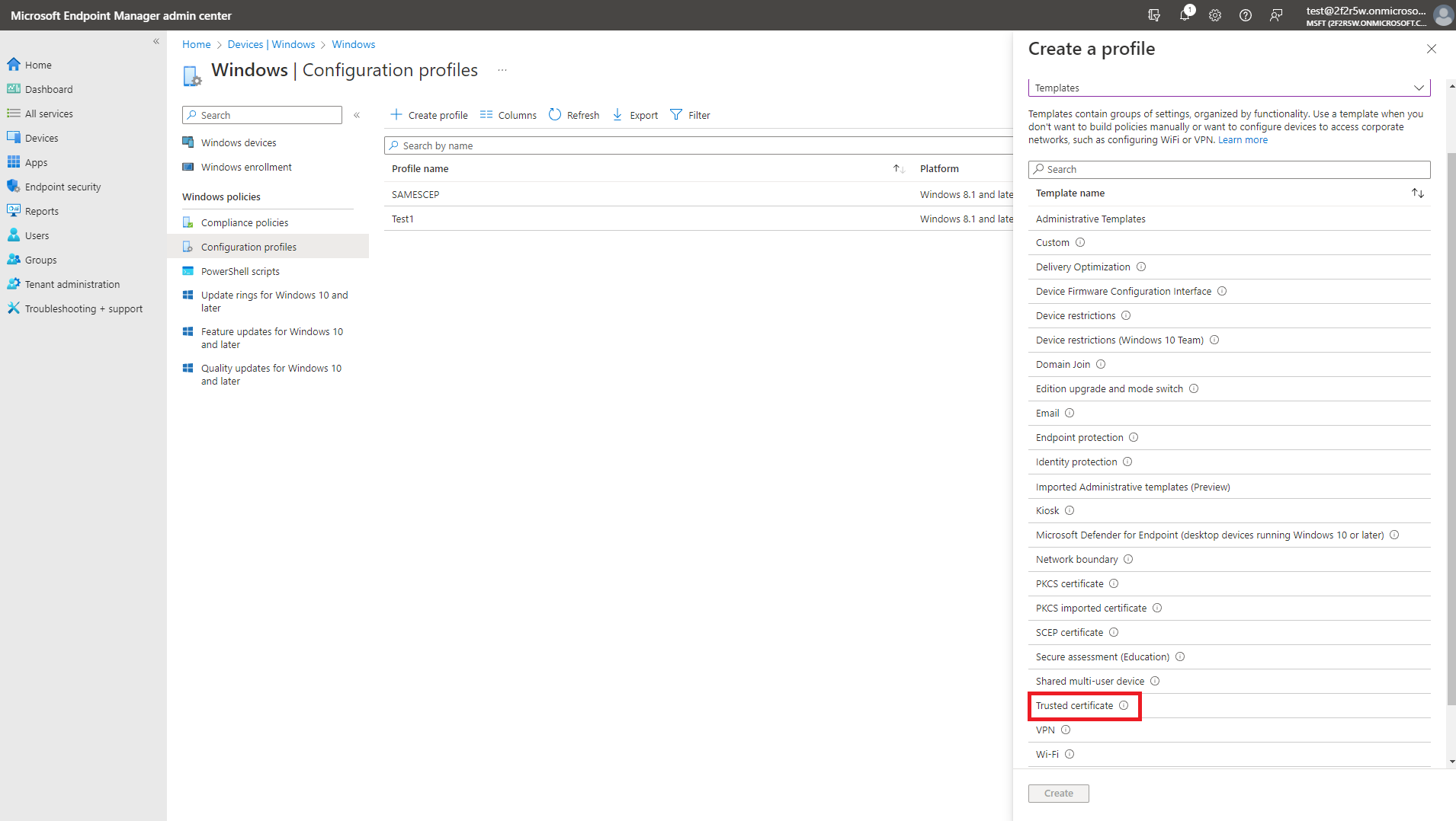 Intune Create Windows Trusted Certificate Profile - Select Template