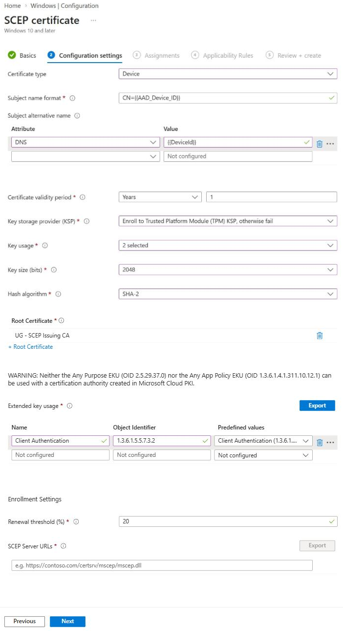 Intune Windows SCEP device certificate profile settings for EZCA with the Intune Device ID in a DNS SAN, TPM key storage, a 2048-bit key, SHA-2, the issuing CA as root certificate, and the Client Authentication EKU