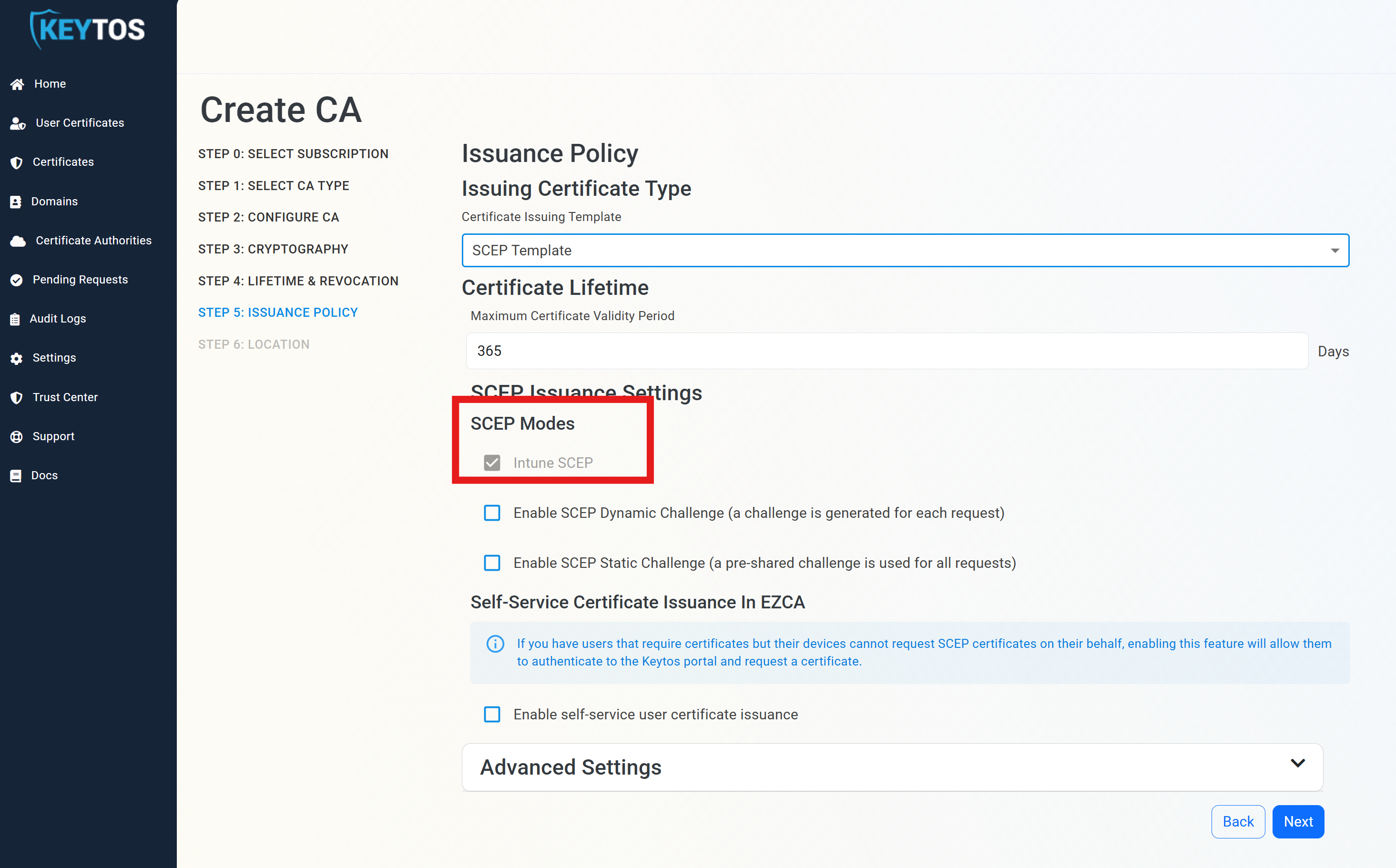 EZCA Cloud PKI Create CA wizard showing SCEP Dynamic Challenge and SCEP Static Challenge options