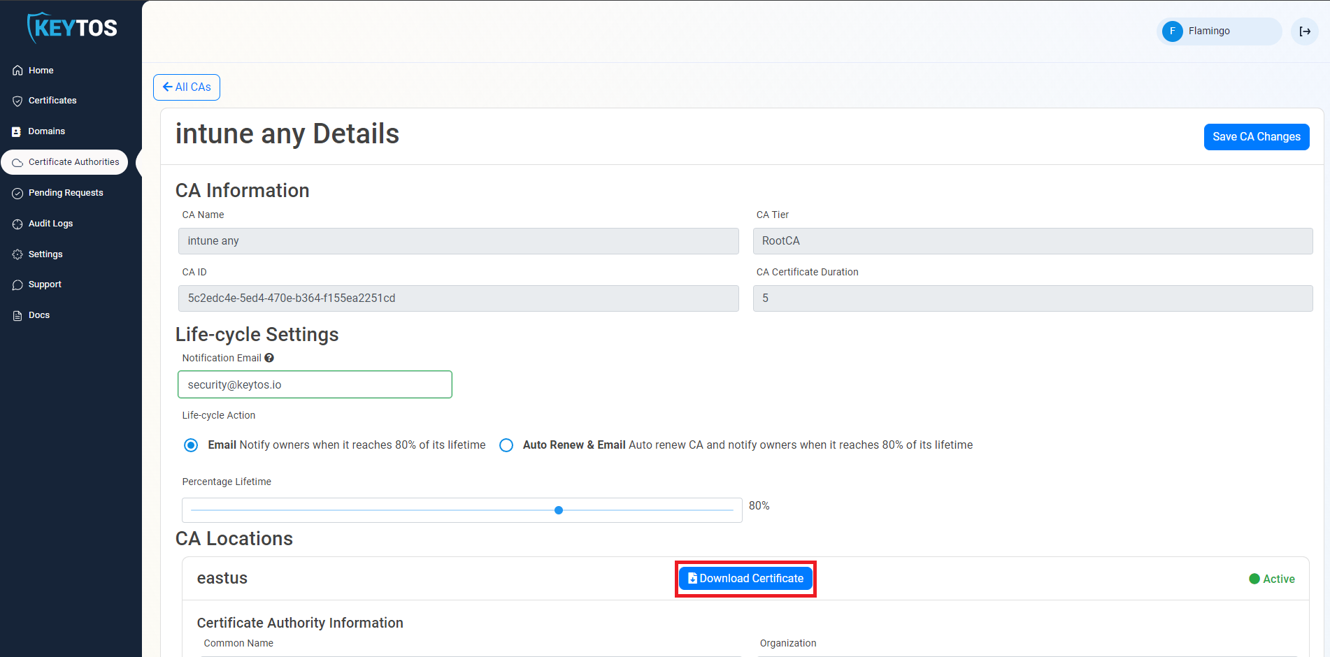 EZCA Cloud PKI CA Details page showing CA Locations section with Download Certificate button highlighted