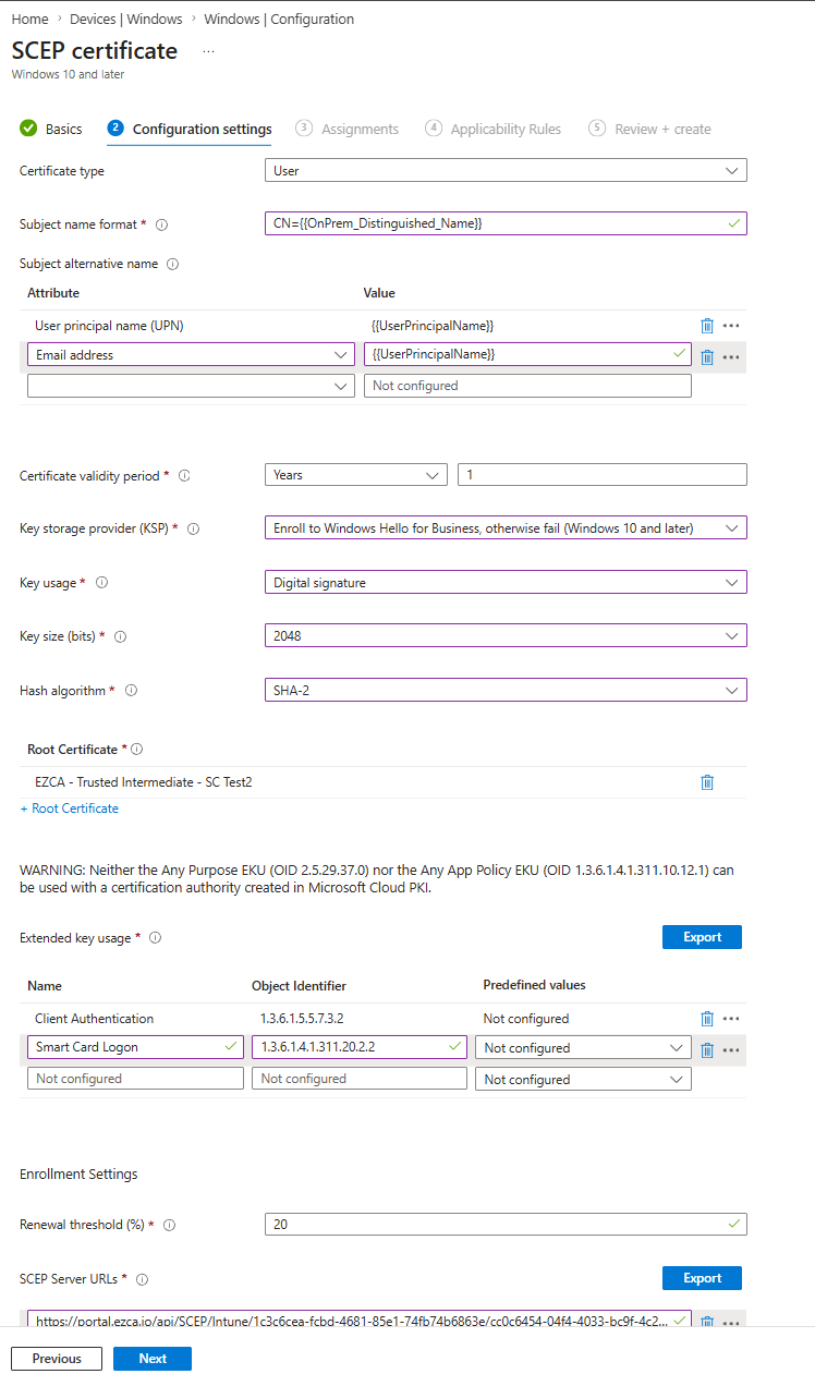 Microsoft Intune SCEP certificate profile configuration page showing settings for Windows Hello for Business RDP authentication certificate