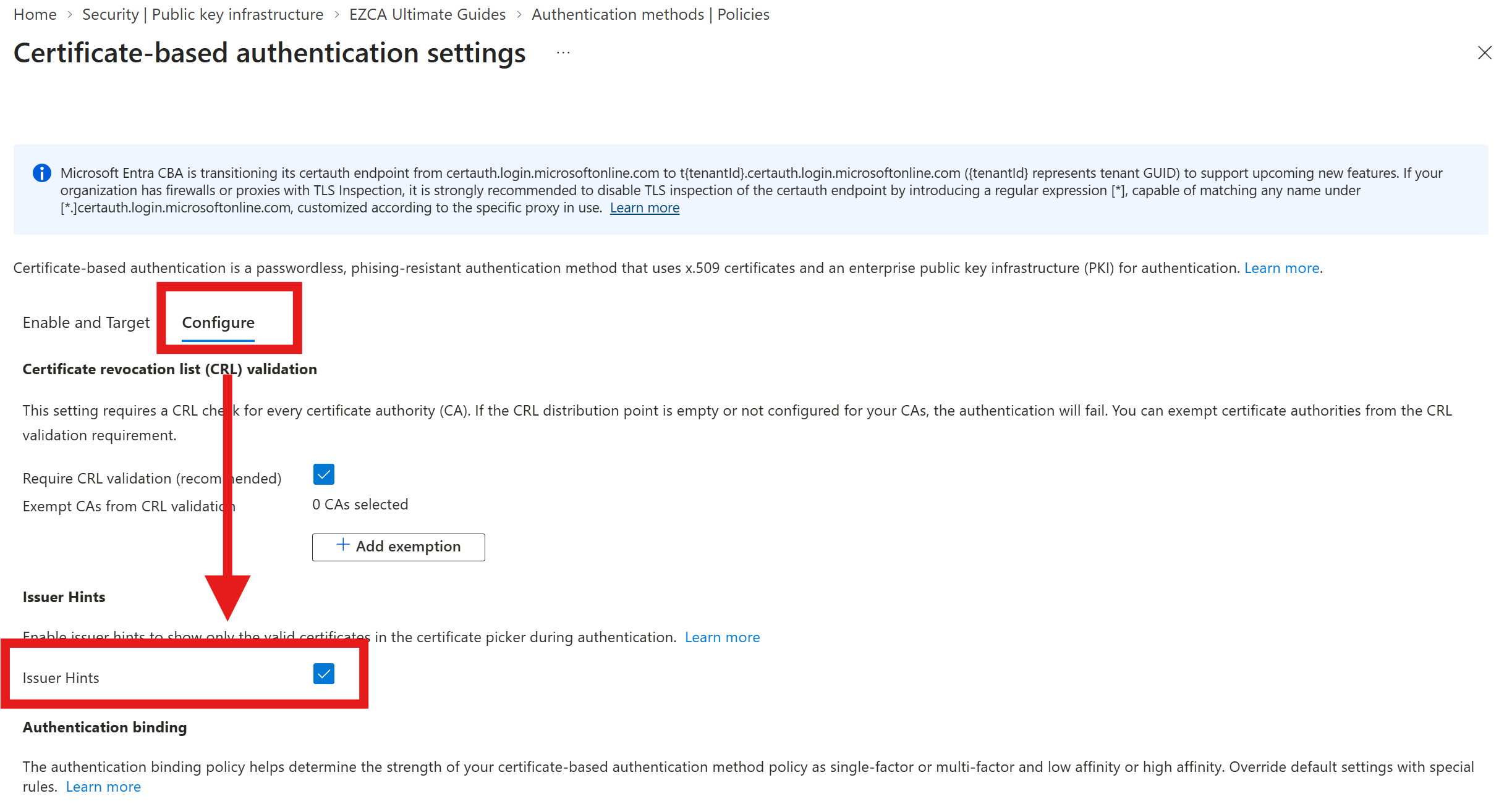 Configure Entra CBA Issuer Hints