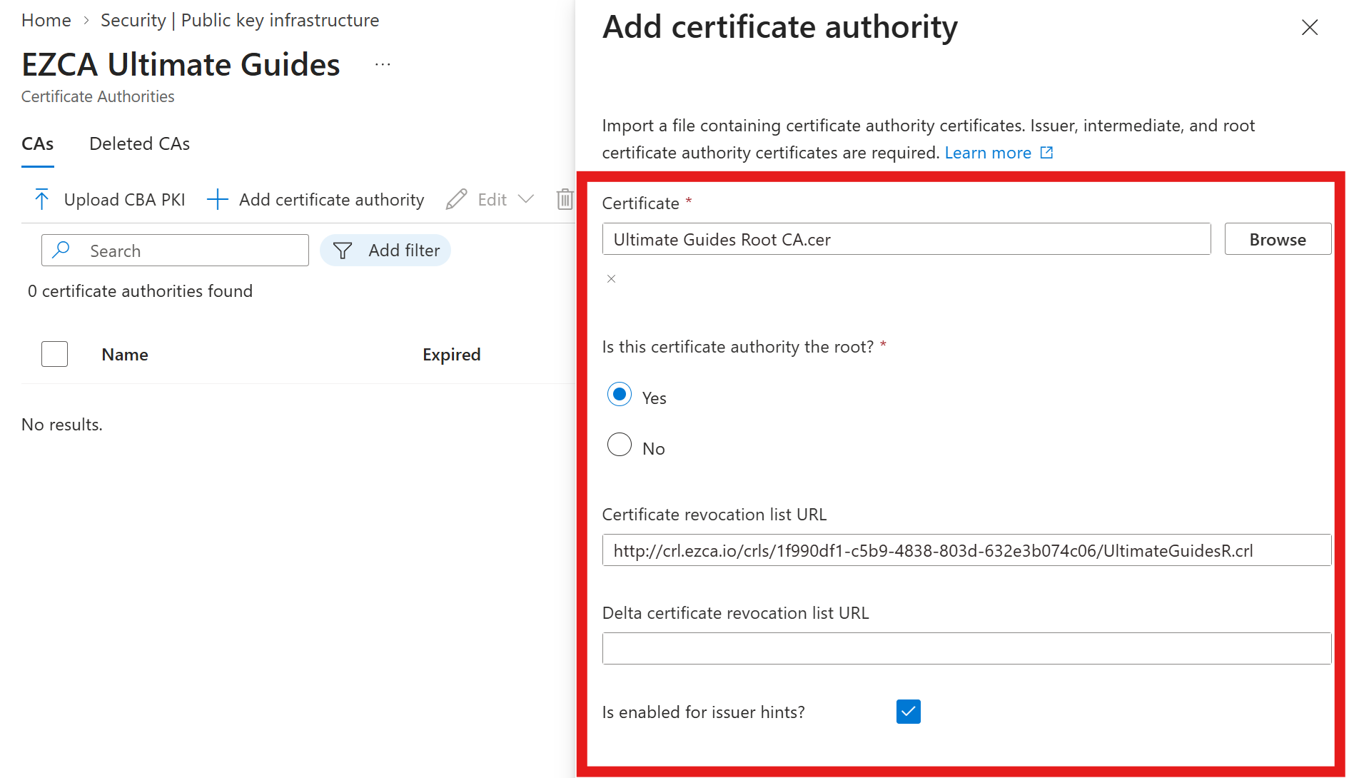 Add Certificate Authority Details in Entra PKI
