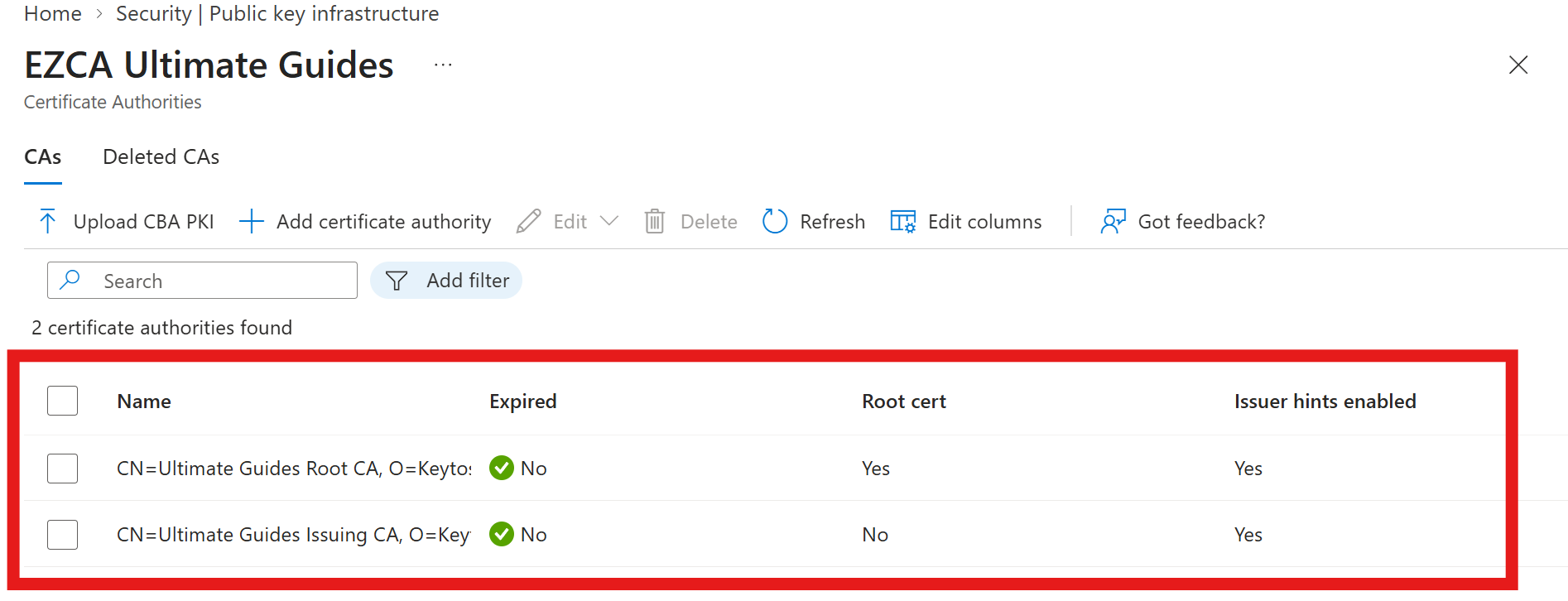 EZCA CA Certificates Added to Entra PKI