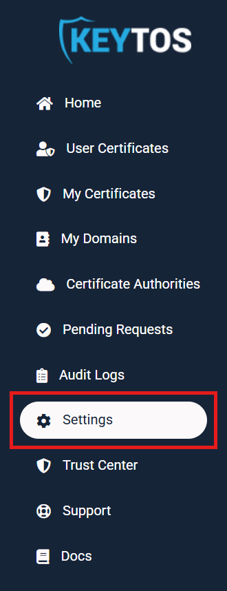 EZCA Cloud PKI portal left-hand menu with Settings option highlighted to open the subscription settings