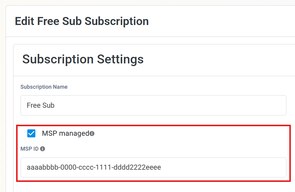 EZCA Cloud PKI Subscription Settings with MSP managed checkbox and MSP ID field highlighted, filled in with an example MSP tenant ID