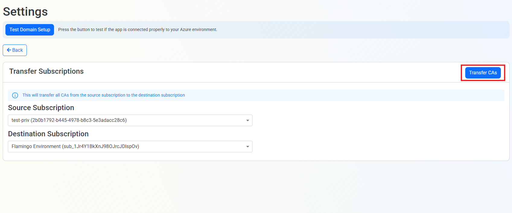 EZCA Transfer Subscriptions page showing Source Subscription and Destination Subscription dropdowns with Transfer CAs button