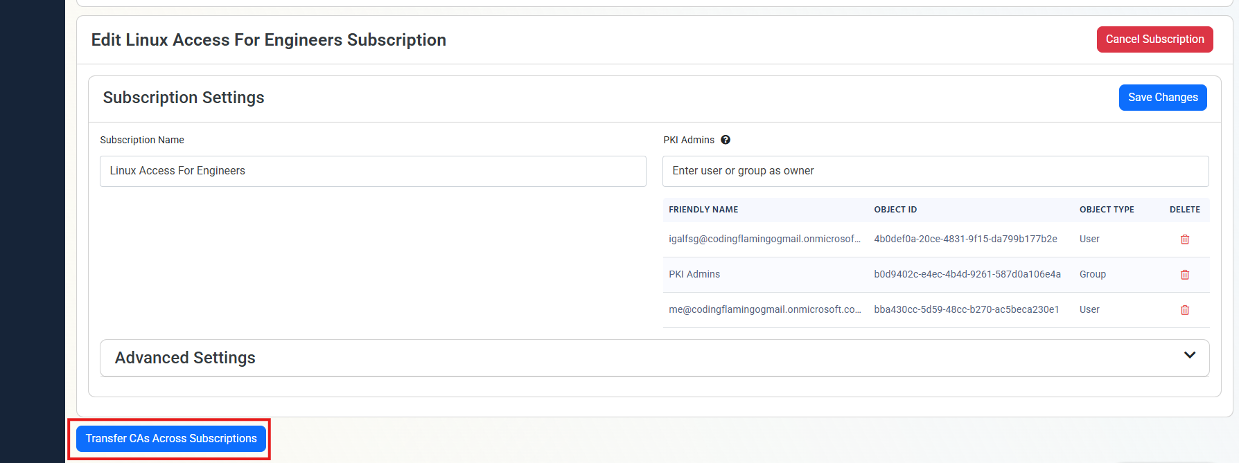 EZCA subscription settings page showing Transfer CAs Across Subscriptions button at the bottom