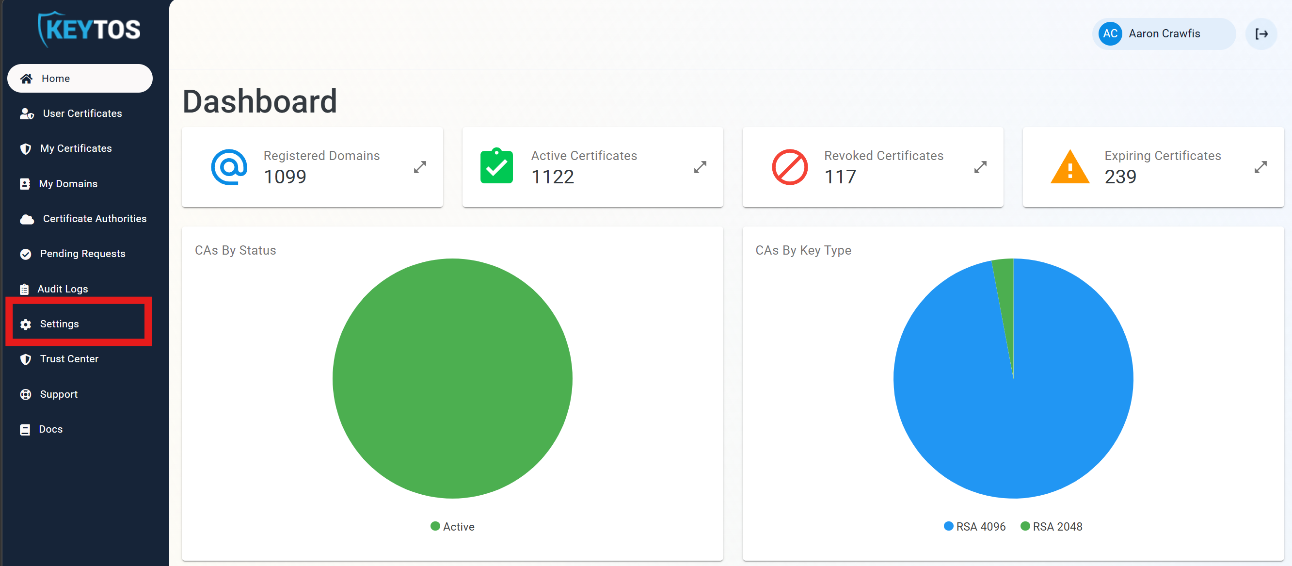 EZCA Cloud PKI Settings Page