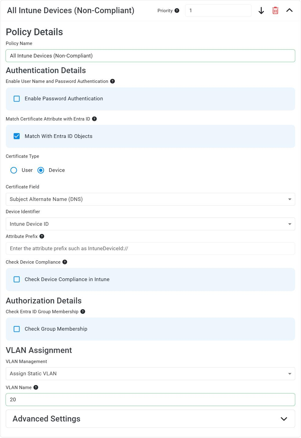 EZRADIUS access policy for all Intune devices that matches the Intune Device ID in the DNS SAN without a compliance check and assigns the non-compliant VLAN