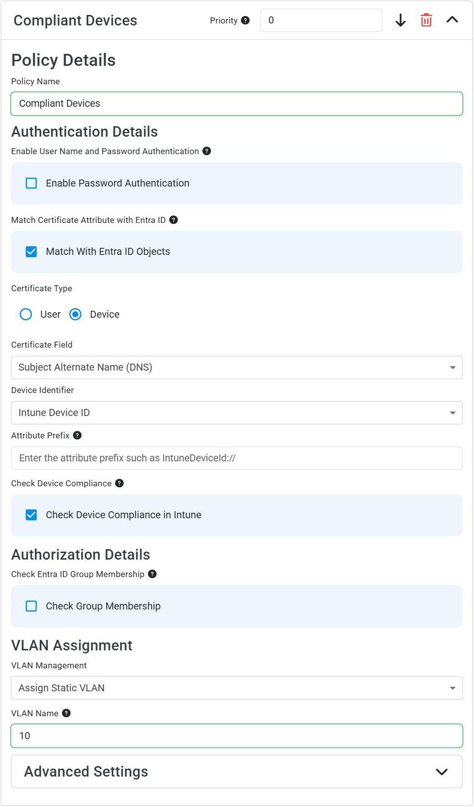 EZRADIUS access policy for compliant devices that matches the Intune Device ID in the DNS SAN, checks device compliance in Intune, and assigns a static VLAN