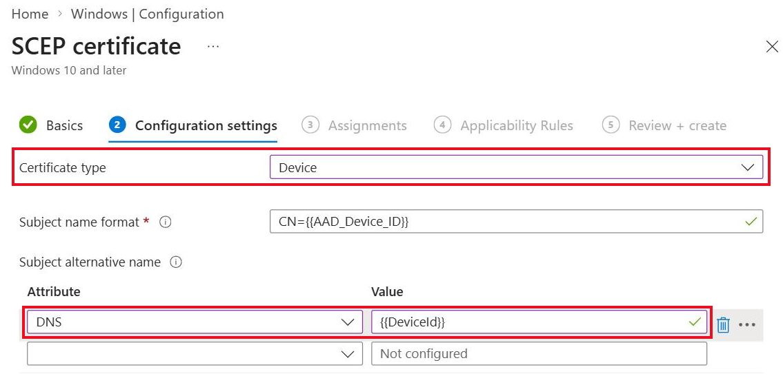 Intune SCEP device certificate profile with Certificate type set to Device and the Intune Device ID in a DNS subject alternative name