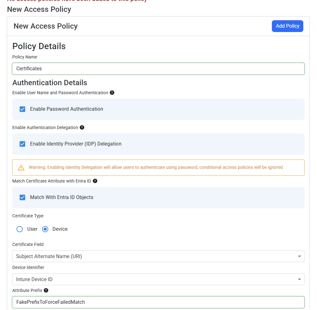 Username + Password Access Policy
