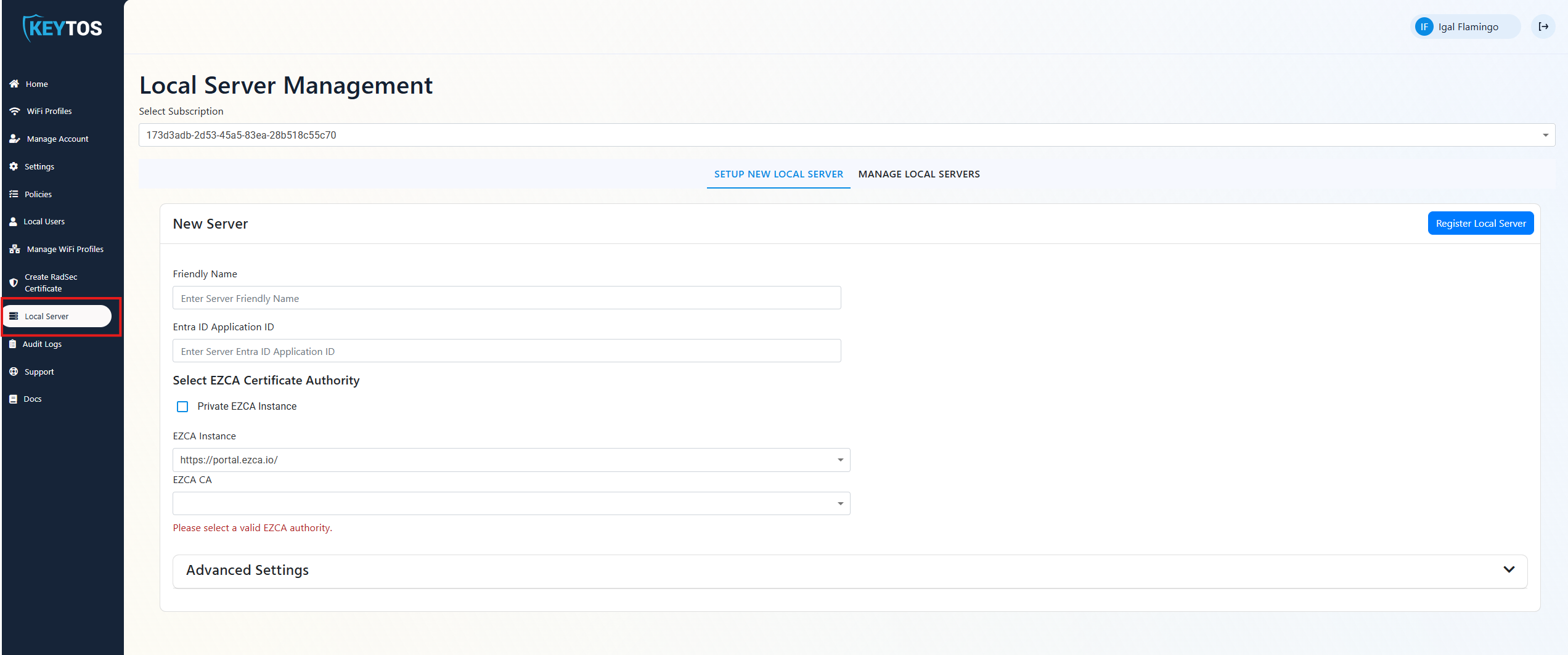 Local Server section in EZRADIUS for Cloud RADIUS