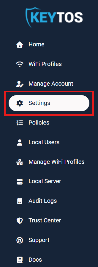 EZRADIUS Cloud RADIUS portal left-hand menu with Settings option highlighted to open the subscription settings