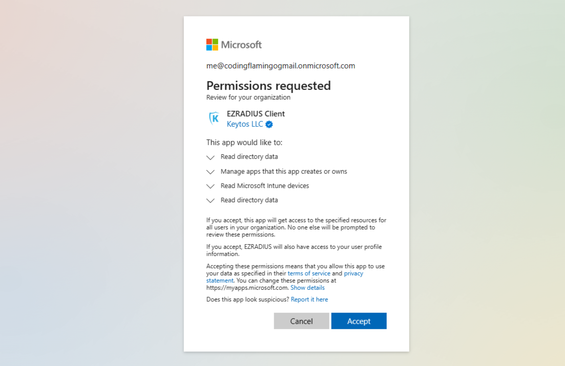 EZRADIUS consent screen showing the permissions requested by the EZRADIUS and Keytos applications
