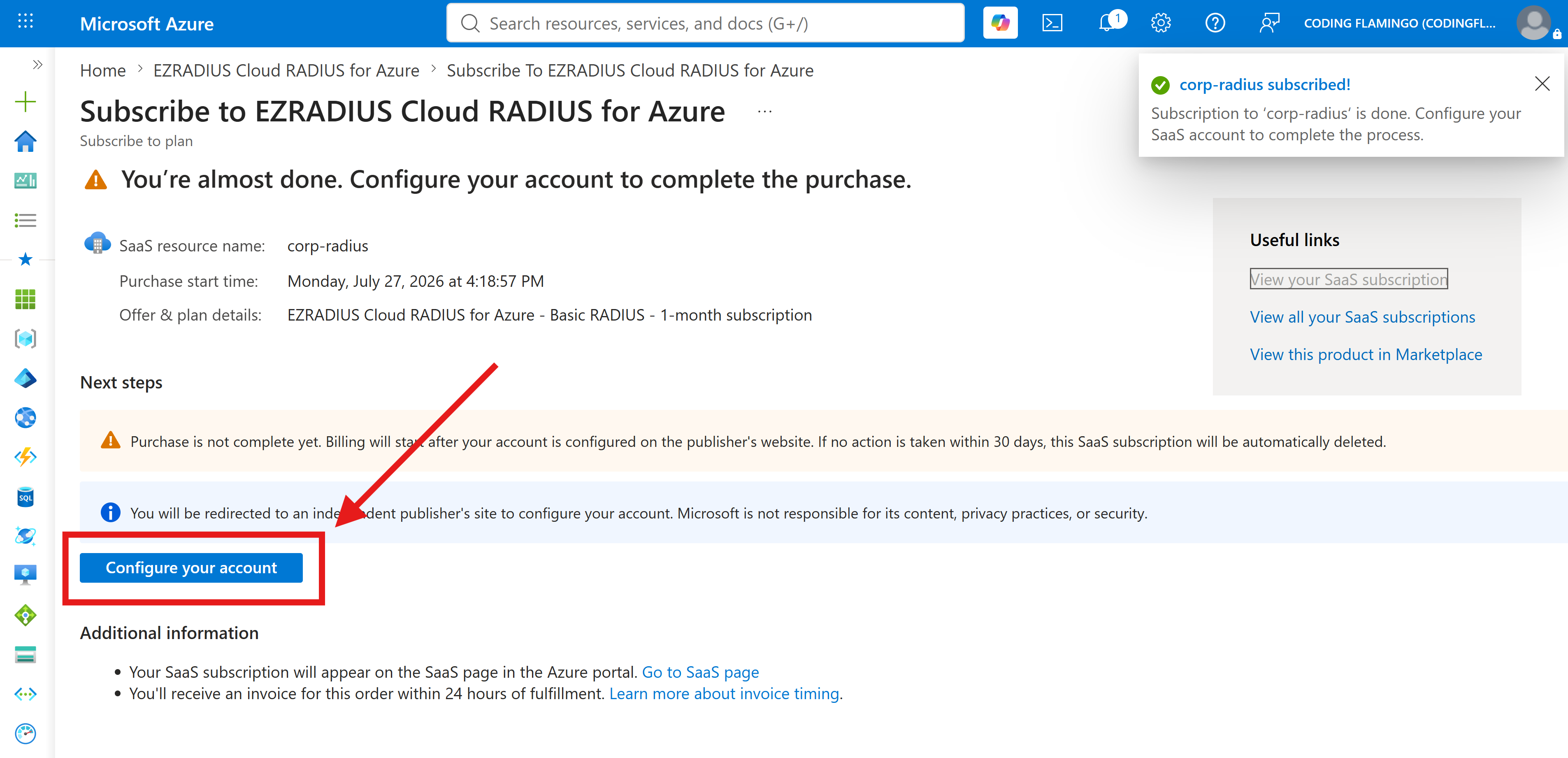 Complete EZRADIUS Cloud RADIUS signup in Azure