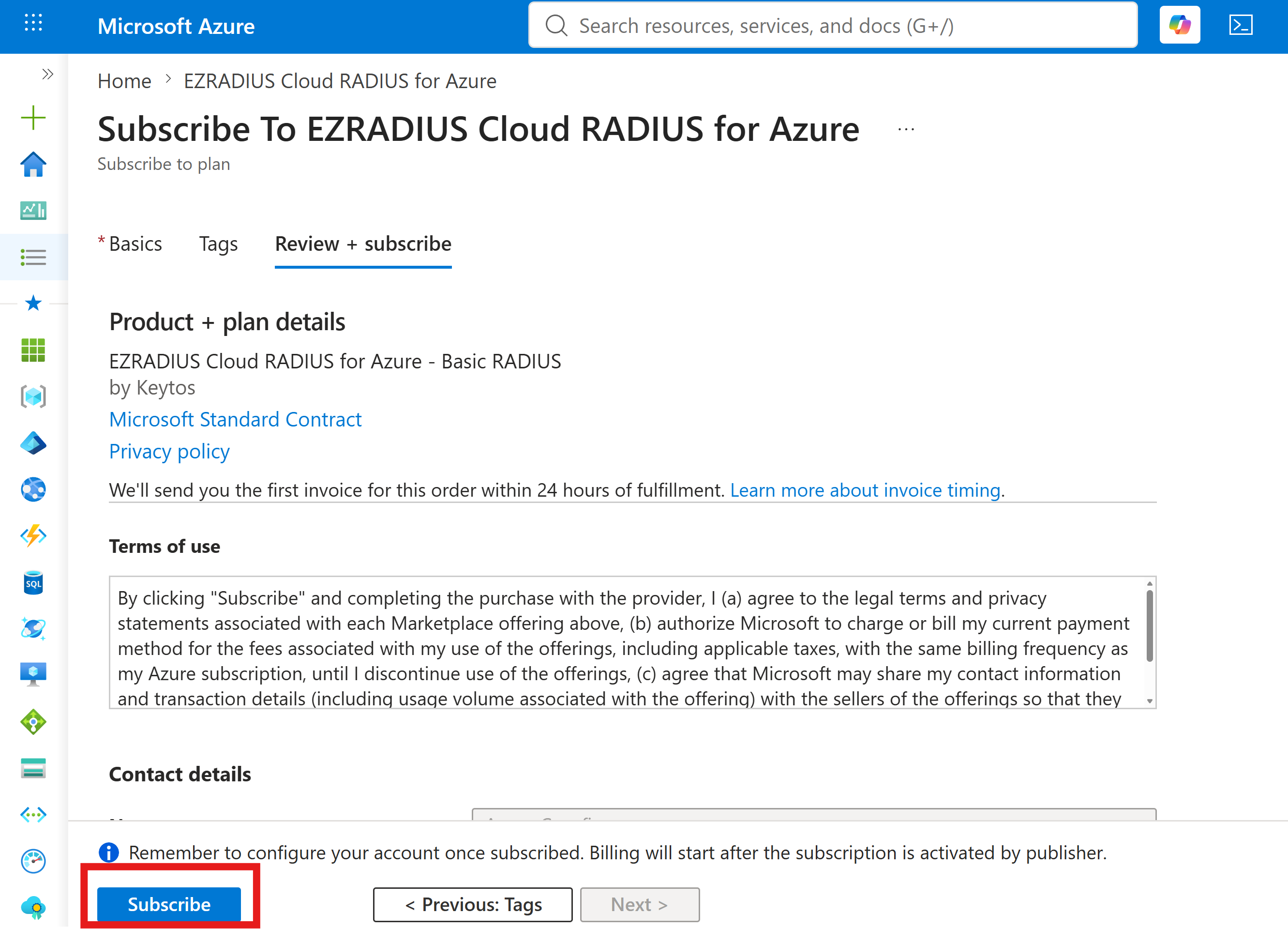 Review EZRADIUS Cloud RADIUS subscription in Azure
