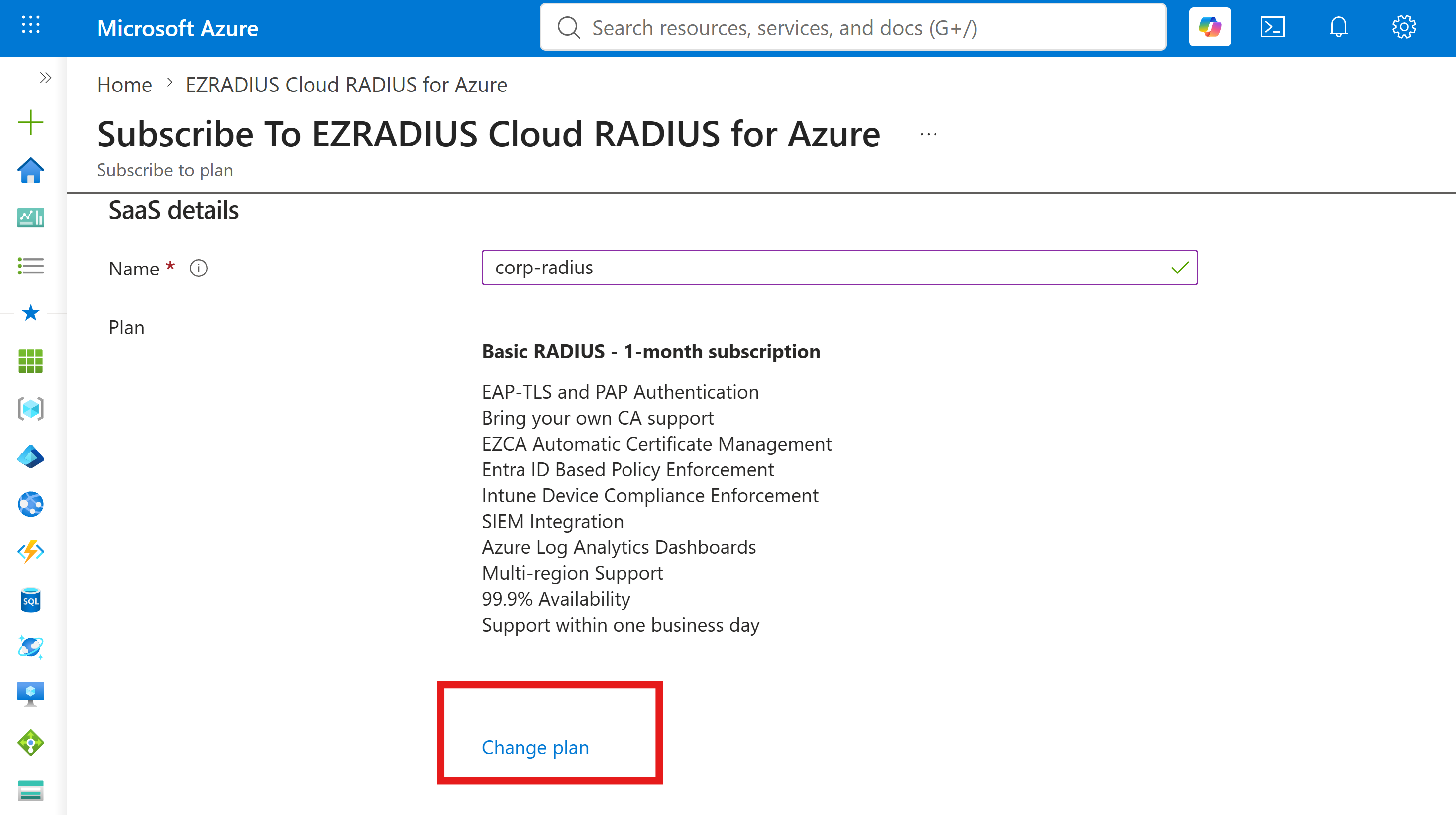 Set billing plan for EZRADIUS Cloud RADIUS in Azure
