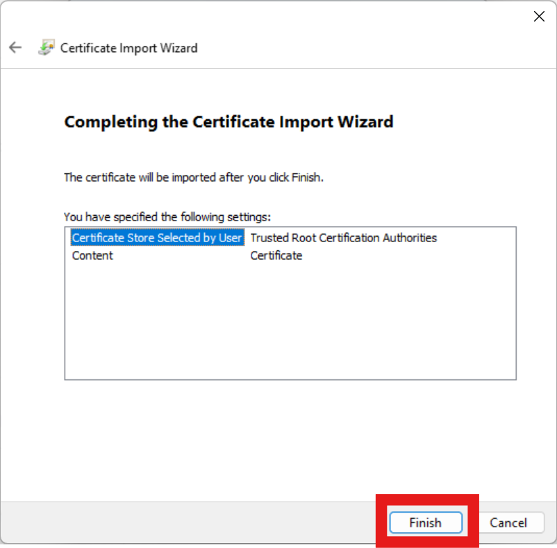 Finish Certificate Import Wizard on Windows