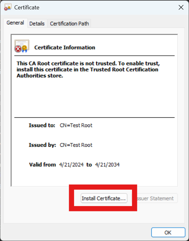 Install Certificate Button on Windows