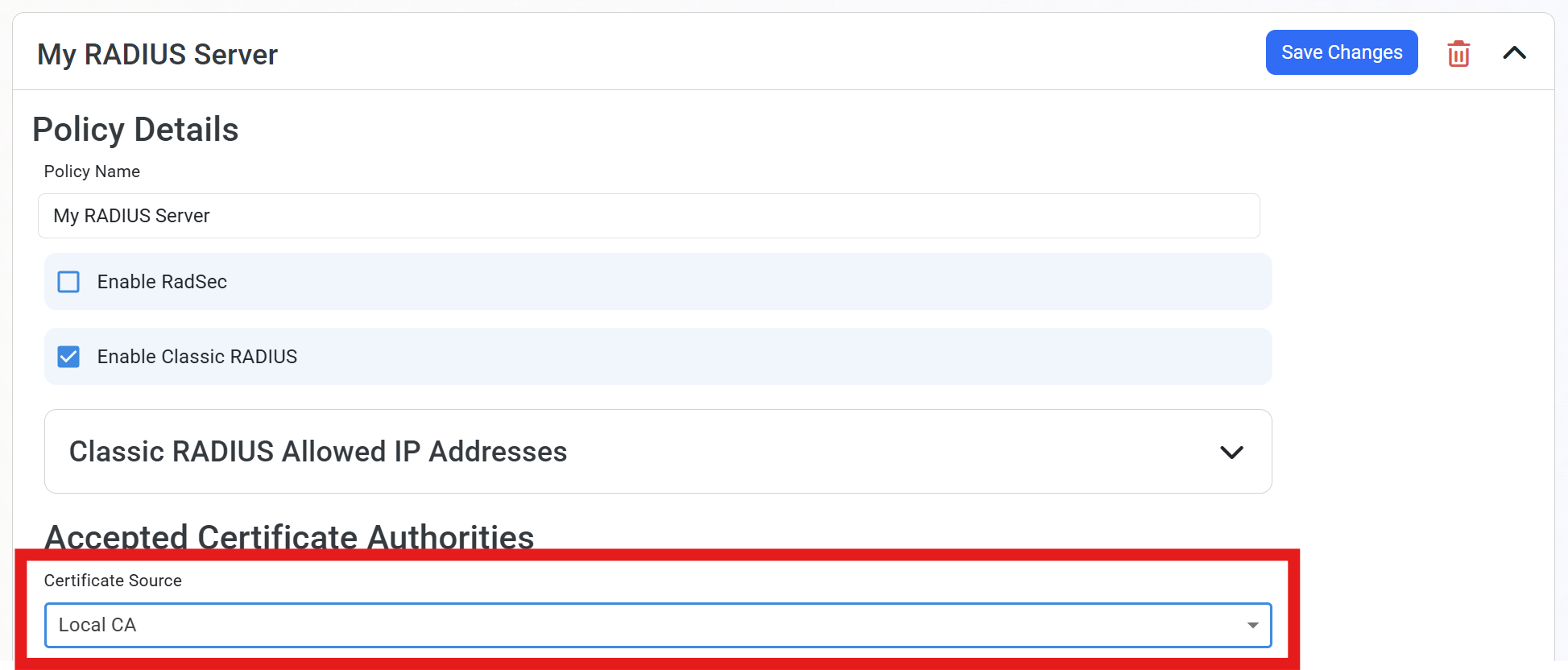 EZRADIUS Accepted Certificate Authorities configuration screen