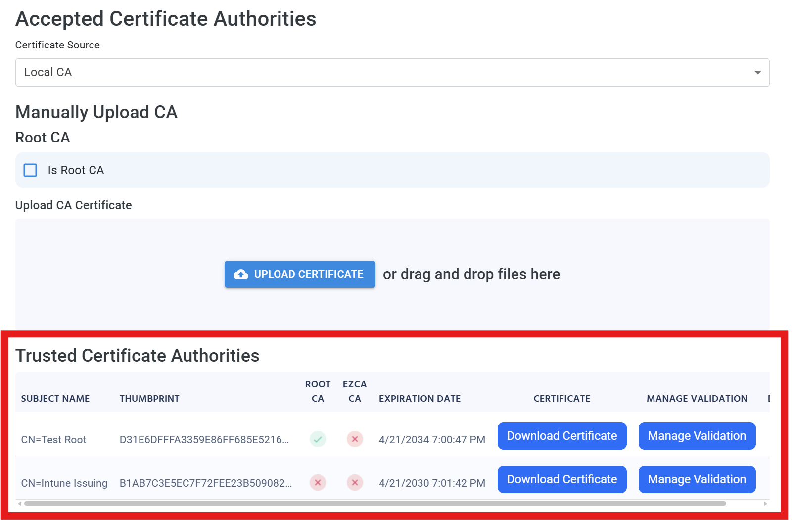 EZRADIUS Accepted Certificate Authorities with both Root and Issuing CAs uploaded