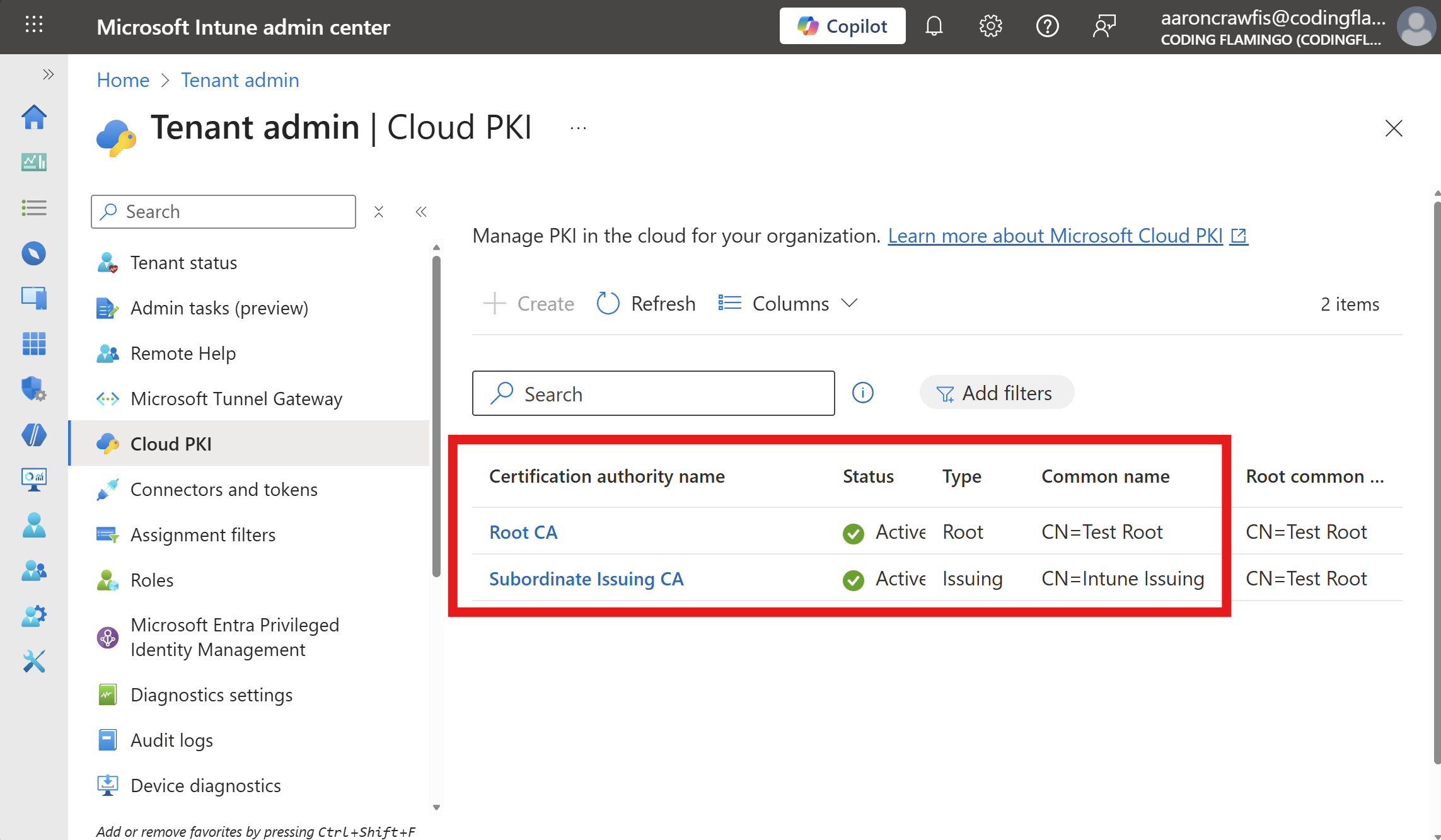 Intune Cloud PKI Certificate Authorities showing both a Root and Issuing CAs