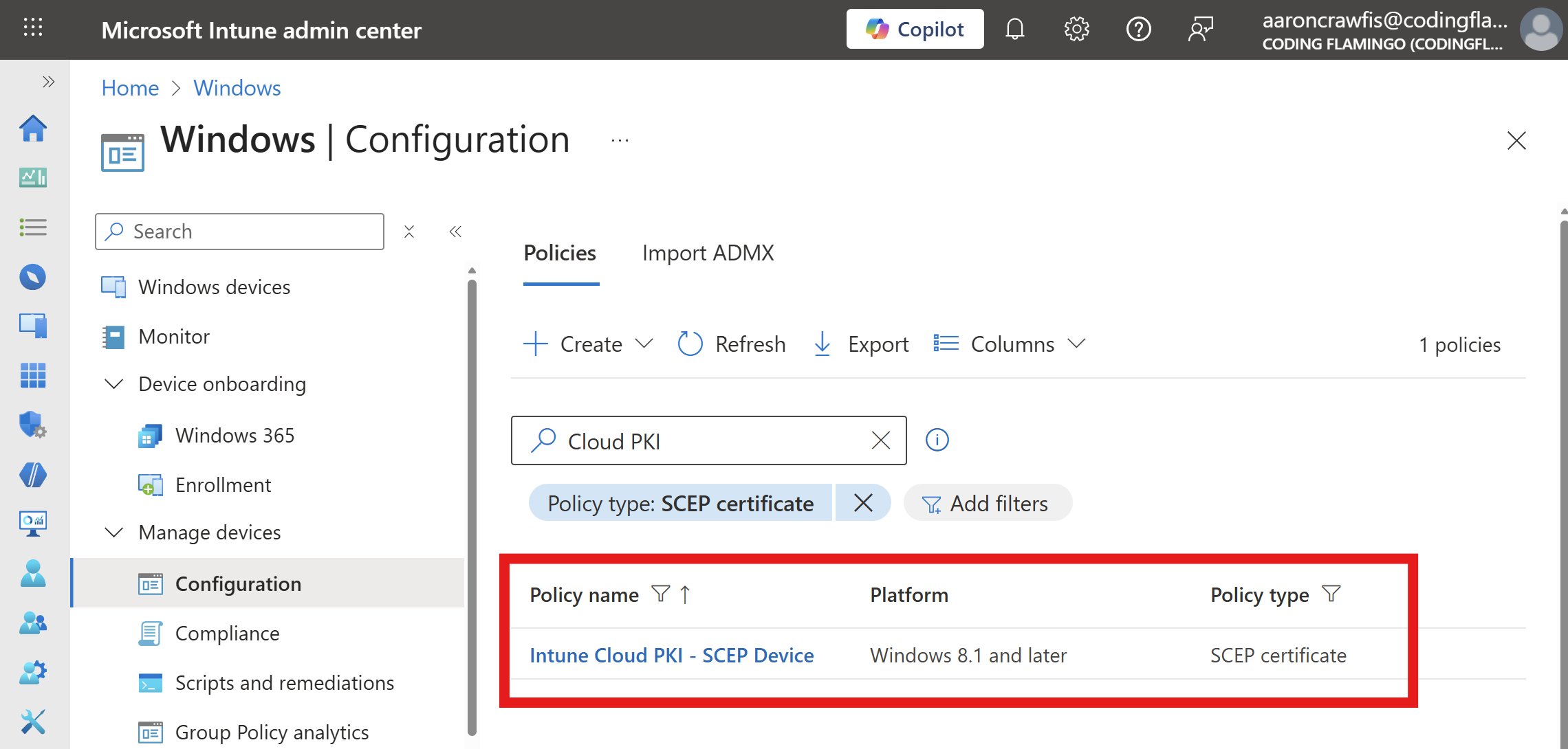 Intune Cloud PKI SCEP Certificate Profiles configuration screen