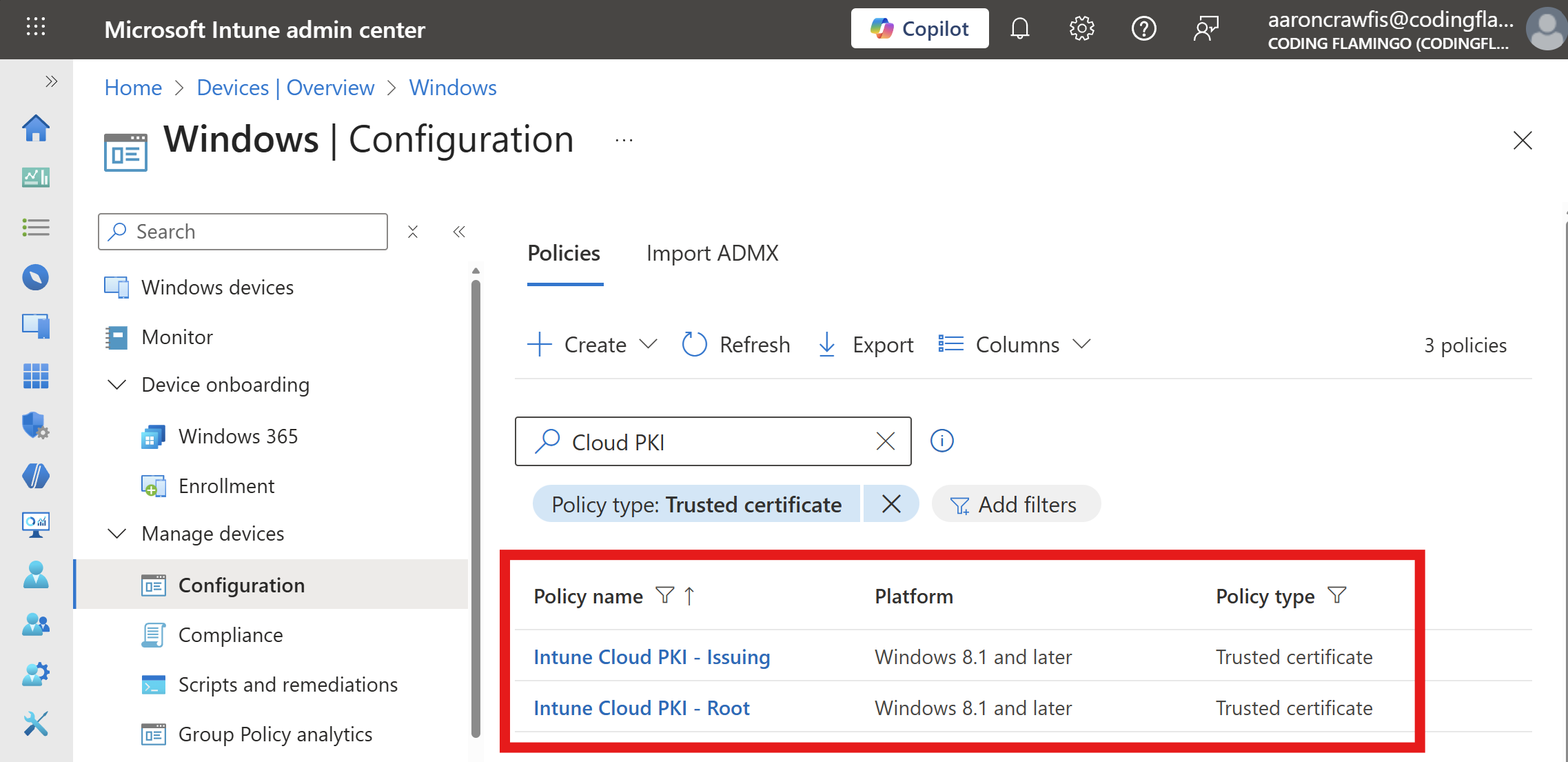 Intune Cloud PKI Trusted CA Certificates configuration screen