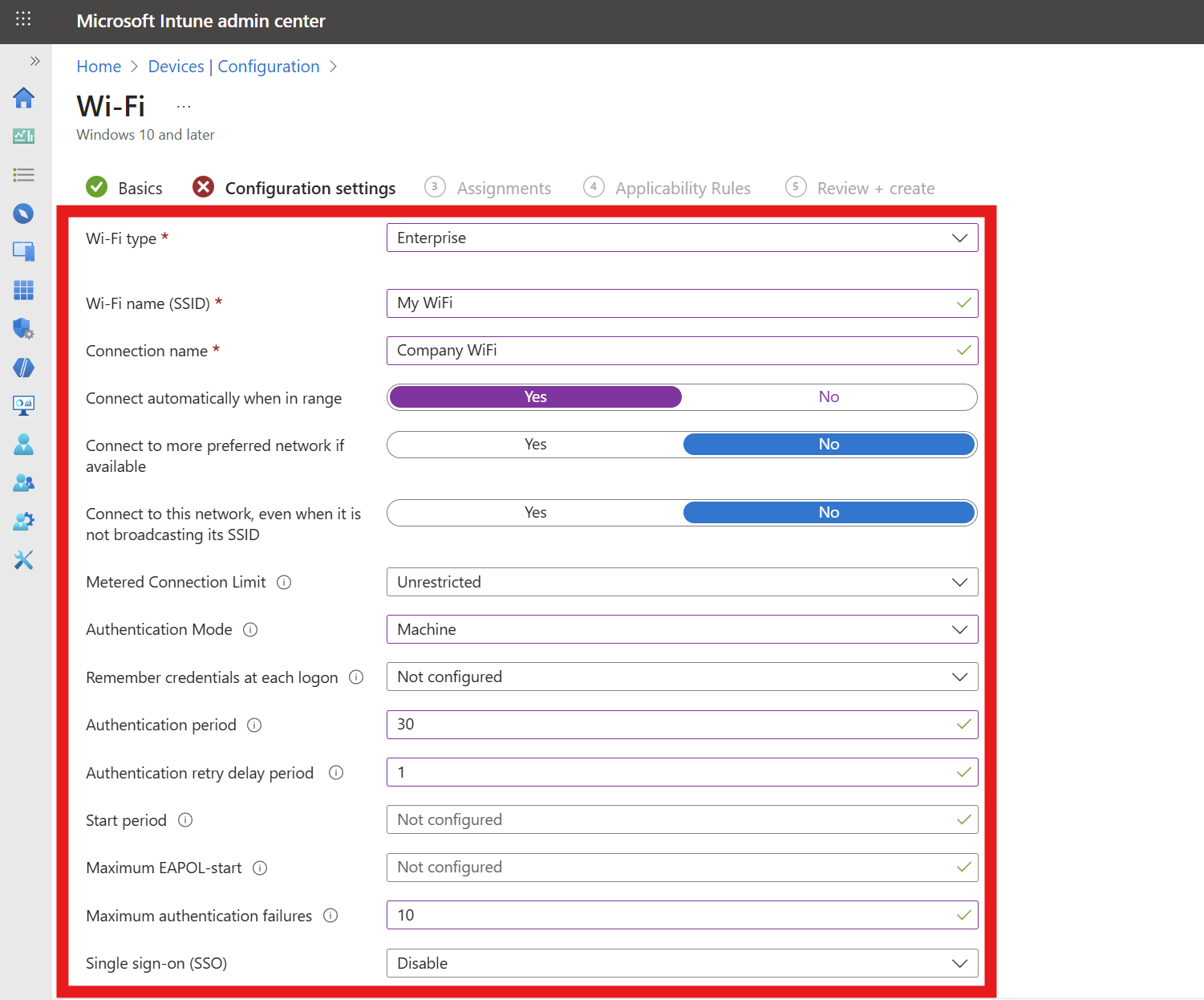 Intune WiFi Profile configuration screen
