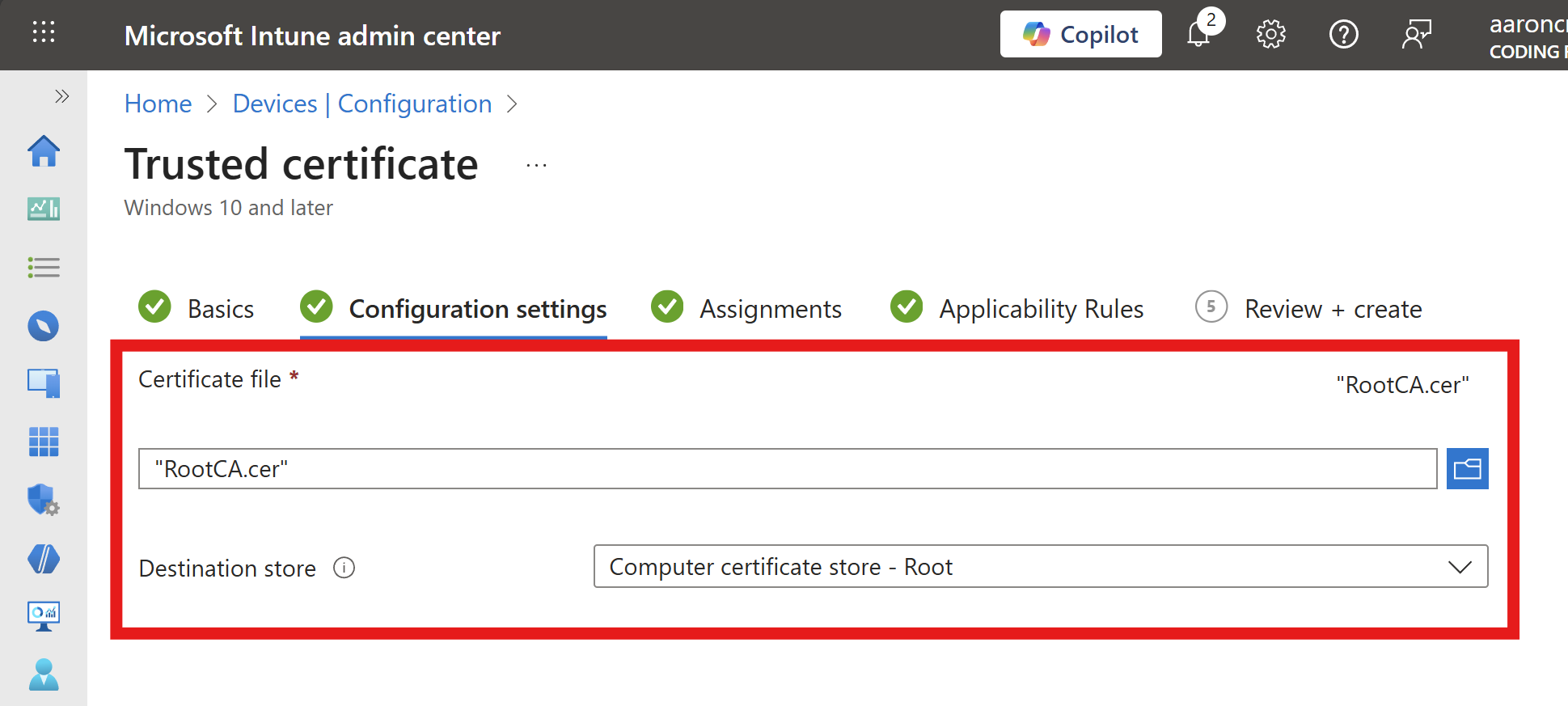 Intune Trusted CA Certificate profile configuration screen