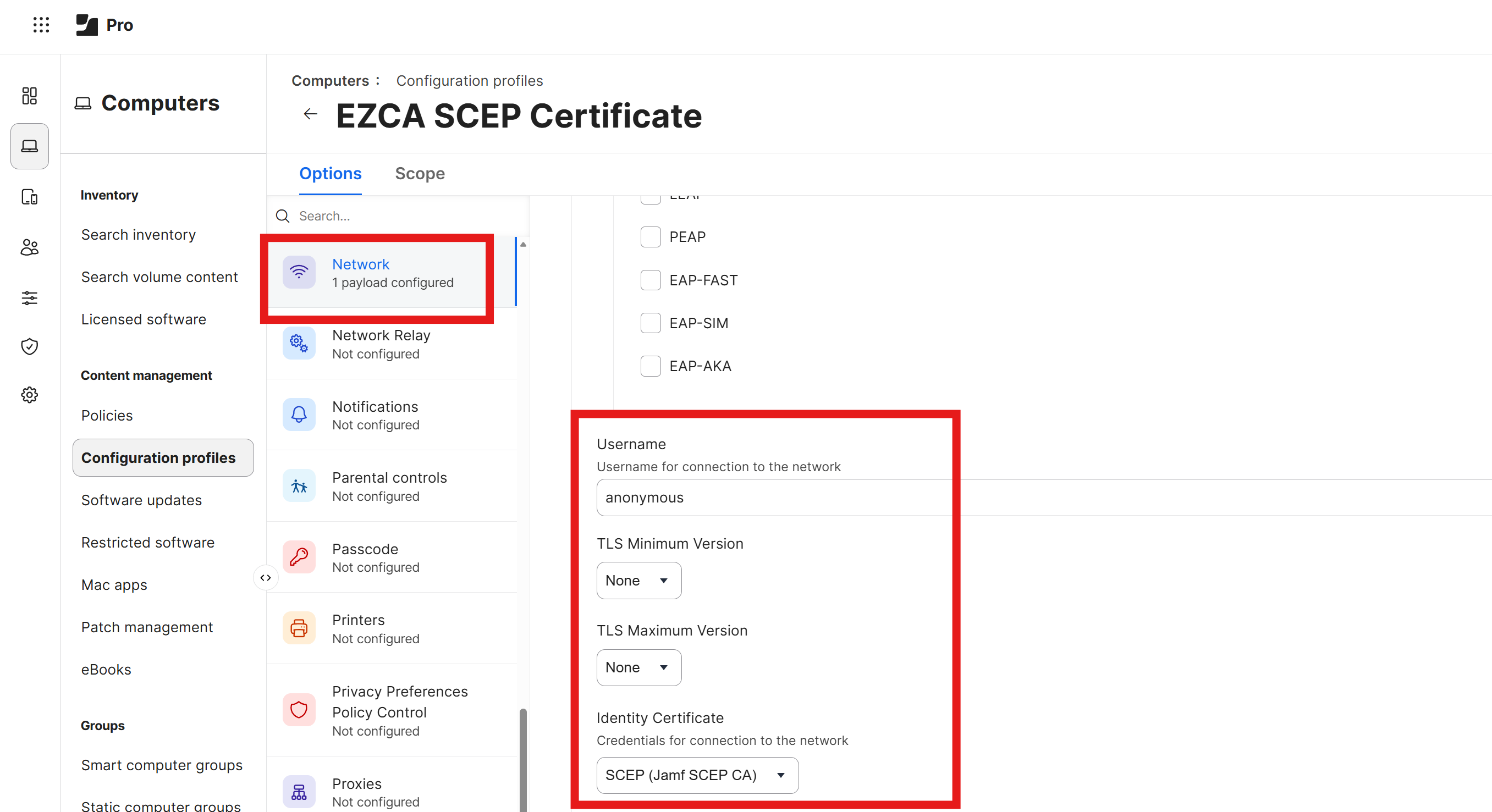 Select SCEP Certificate for EAP-TLS Authentication in Jamf Pro Wi-Fi Profile