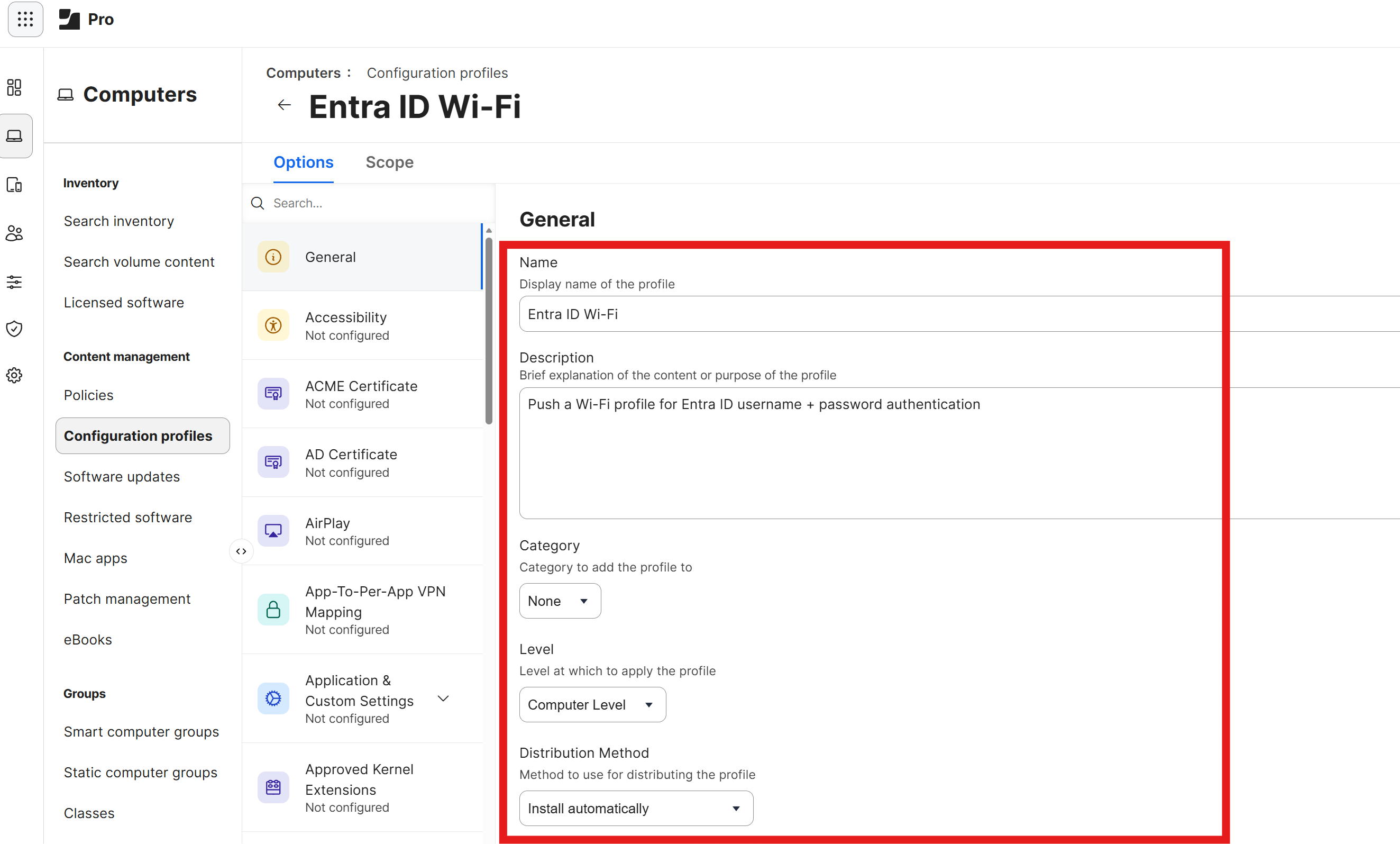 Jamf Pro Configuration Profile General Settings for EAP-TTLS
