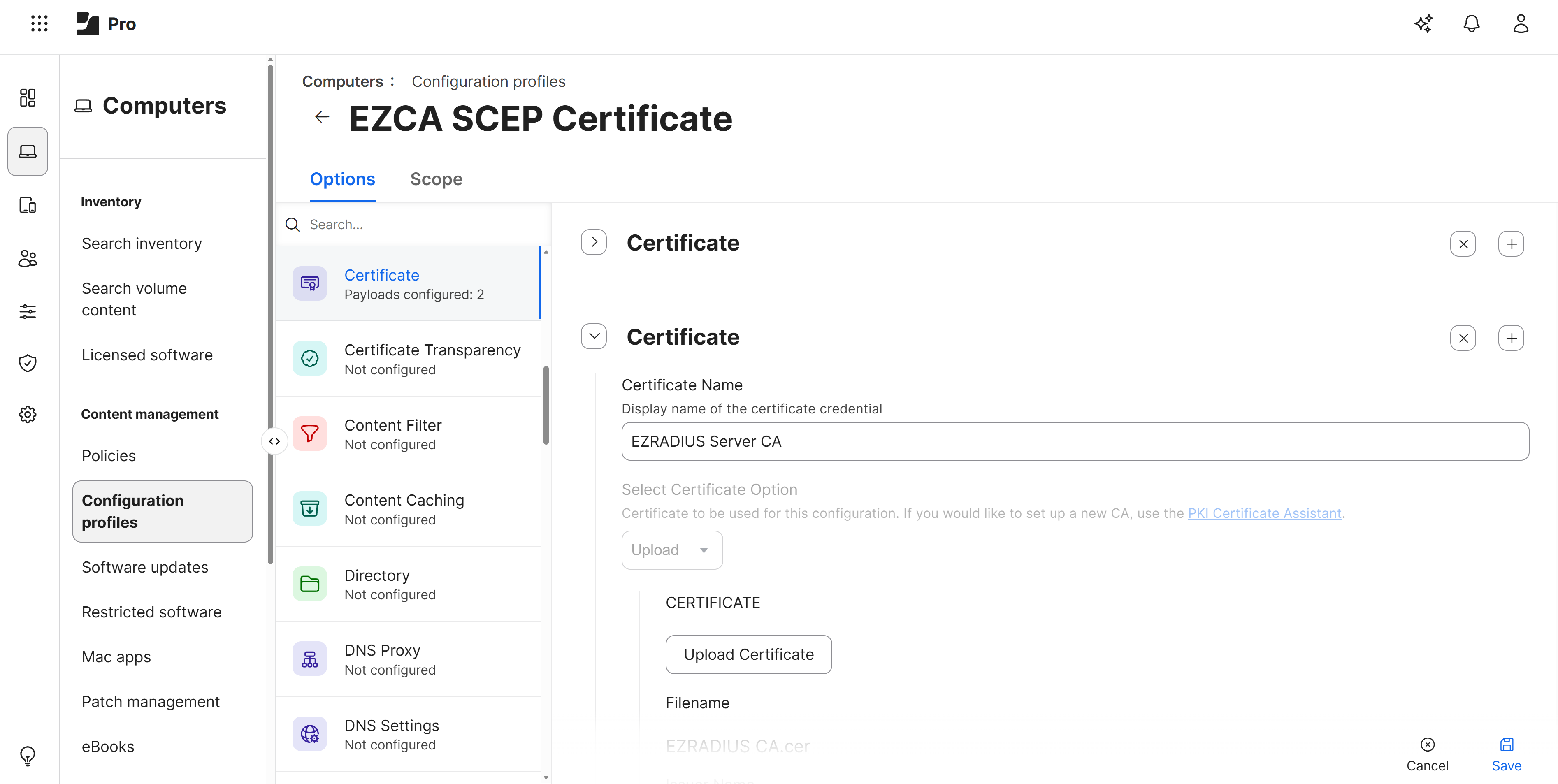 Upload EZRADIUS Server CA Certificate to Jamf Pro Configuration Profile