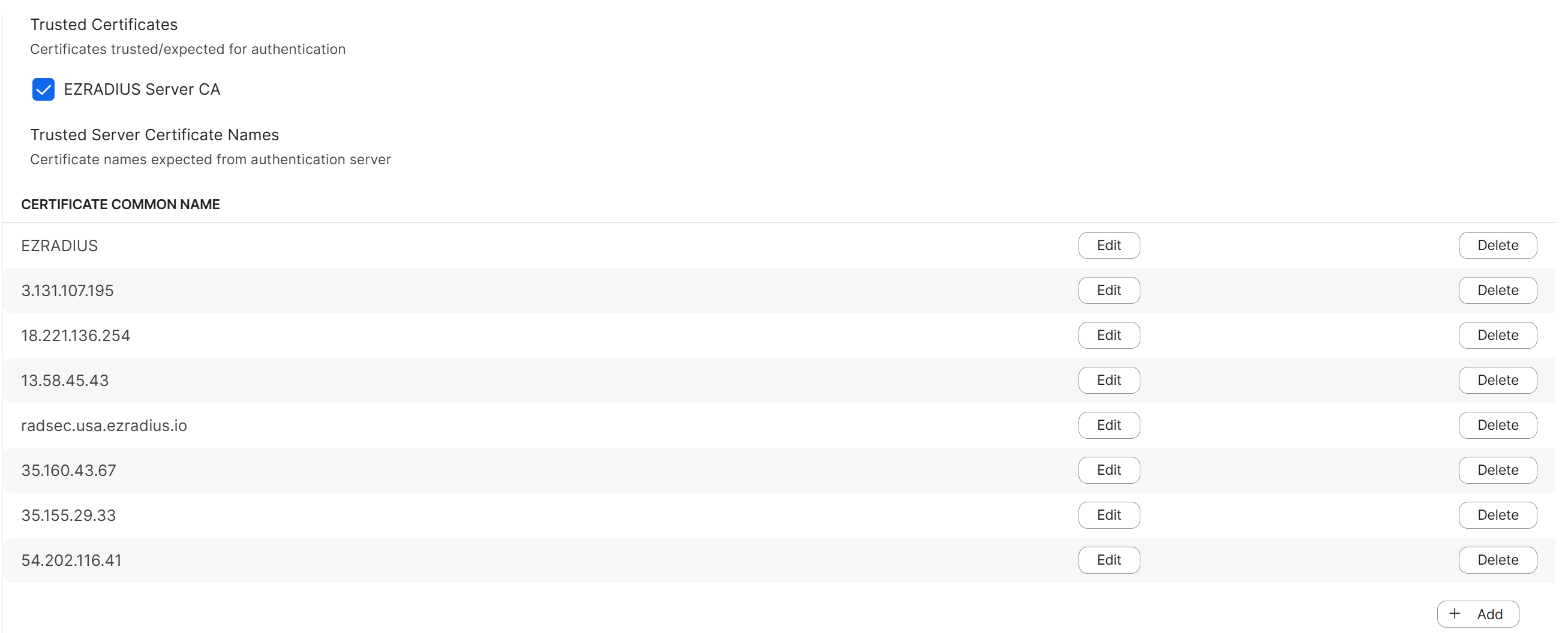 EZRADIUS Server Certificate Subject and SAN values
