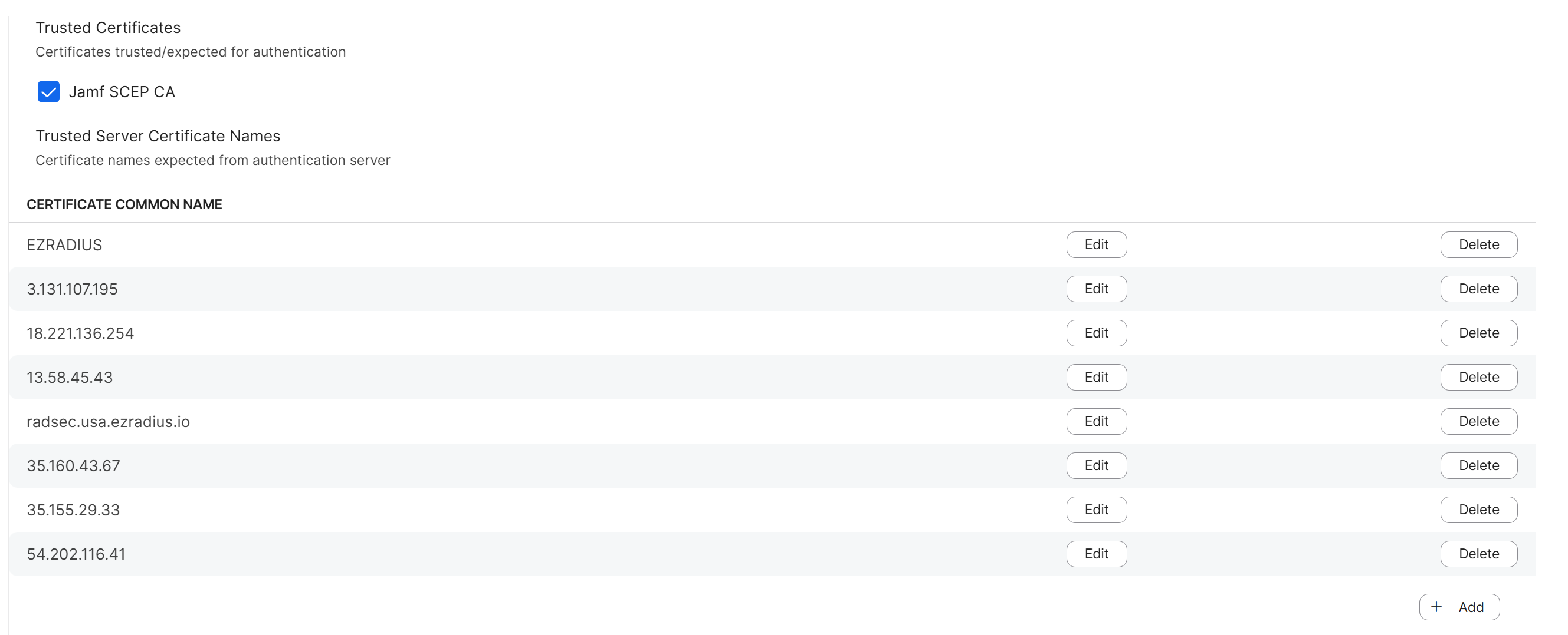 EZRADIUS Server Certificate Subject and SAN values