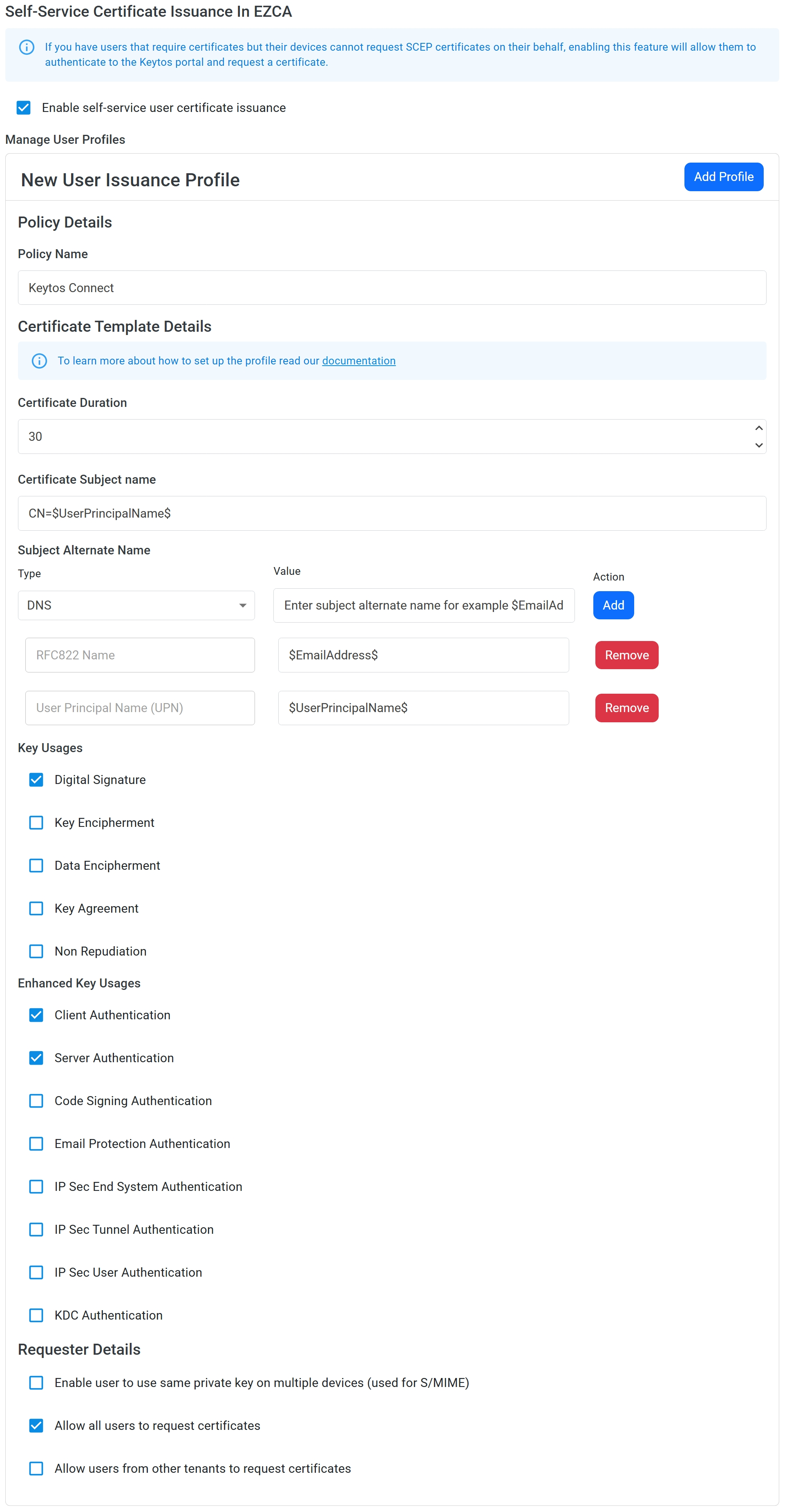 Example Keytos Connect self-service certificate profile settings.