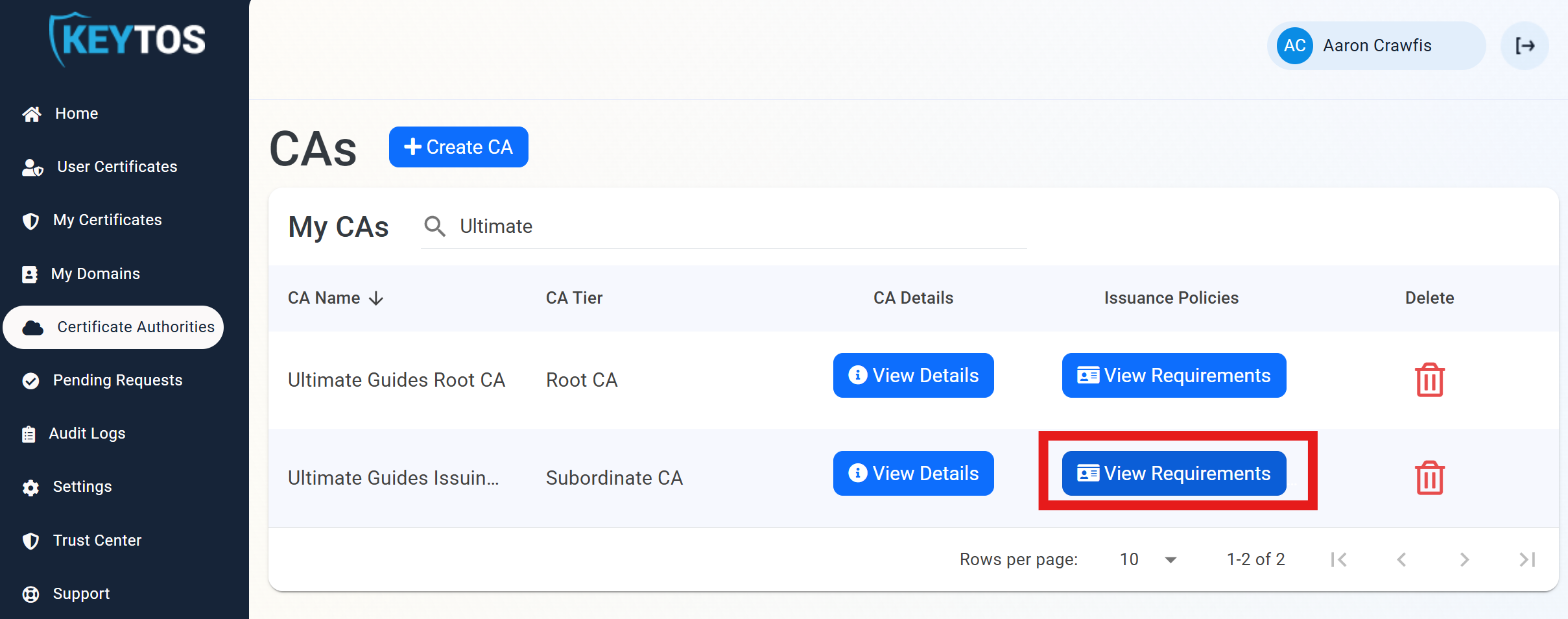 Click the View Requirements button on your SCEP CA.