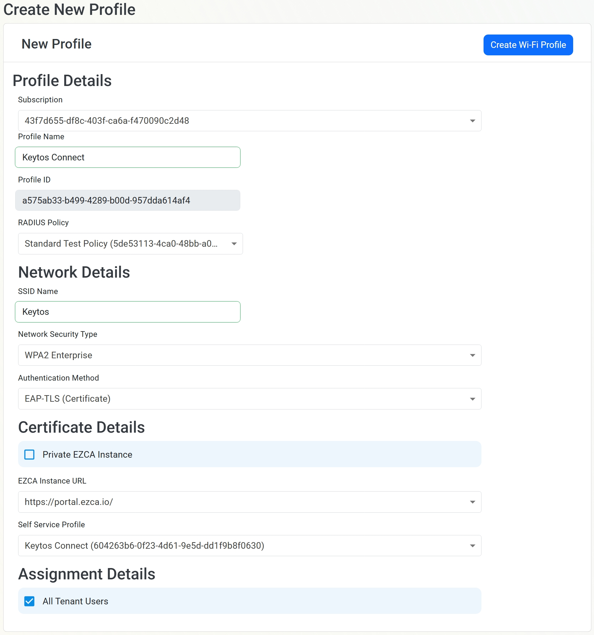 Example Keytos Connect self-service Wi-Fi profile settings.